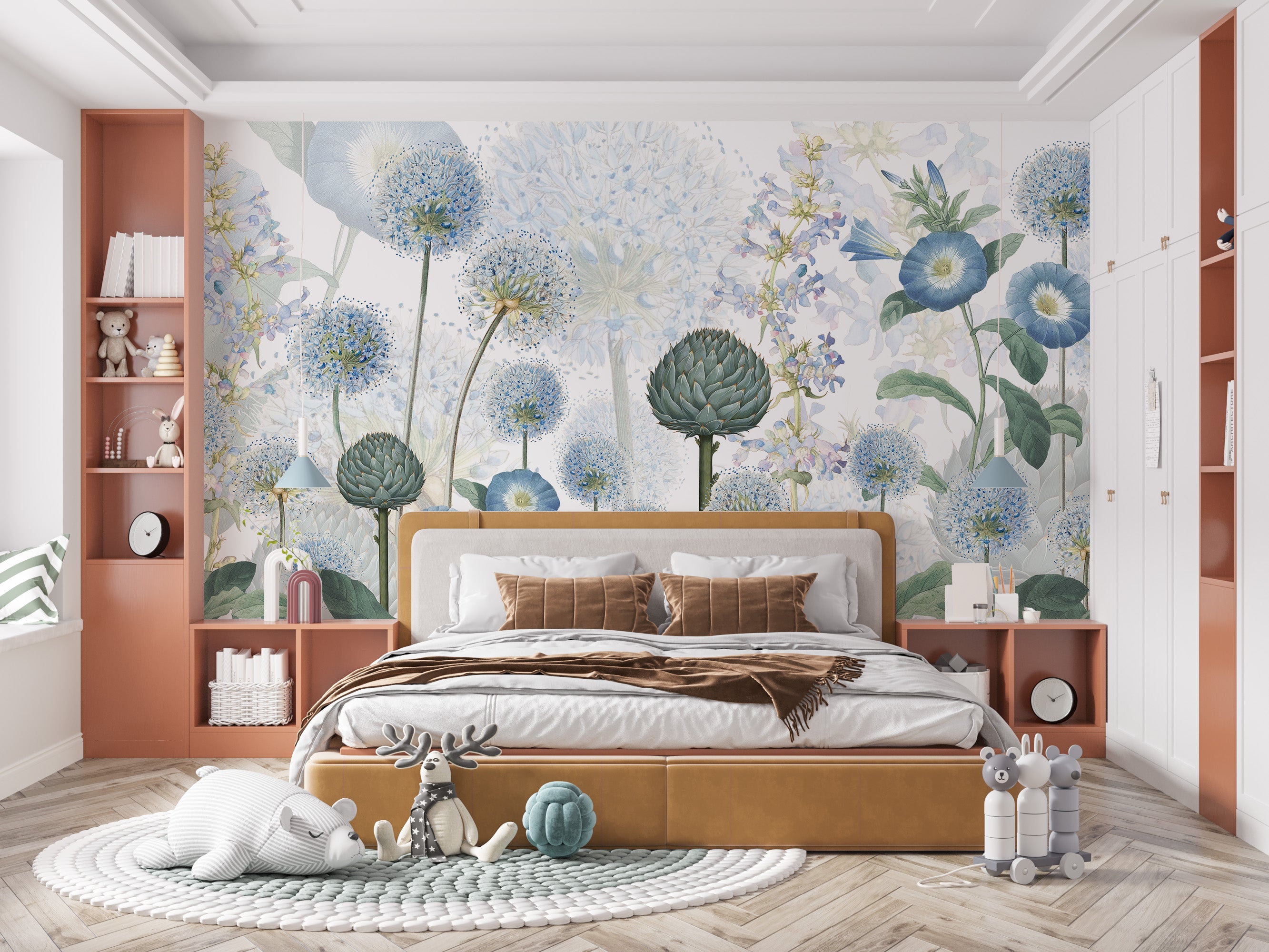 Elegant floral mural in rich azure tones for modern decor
