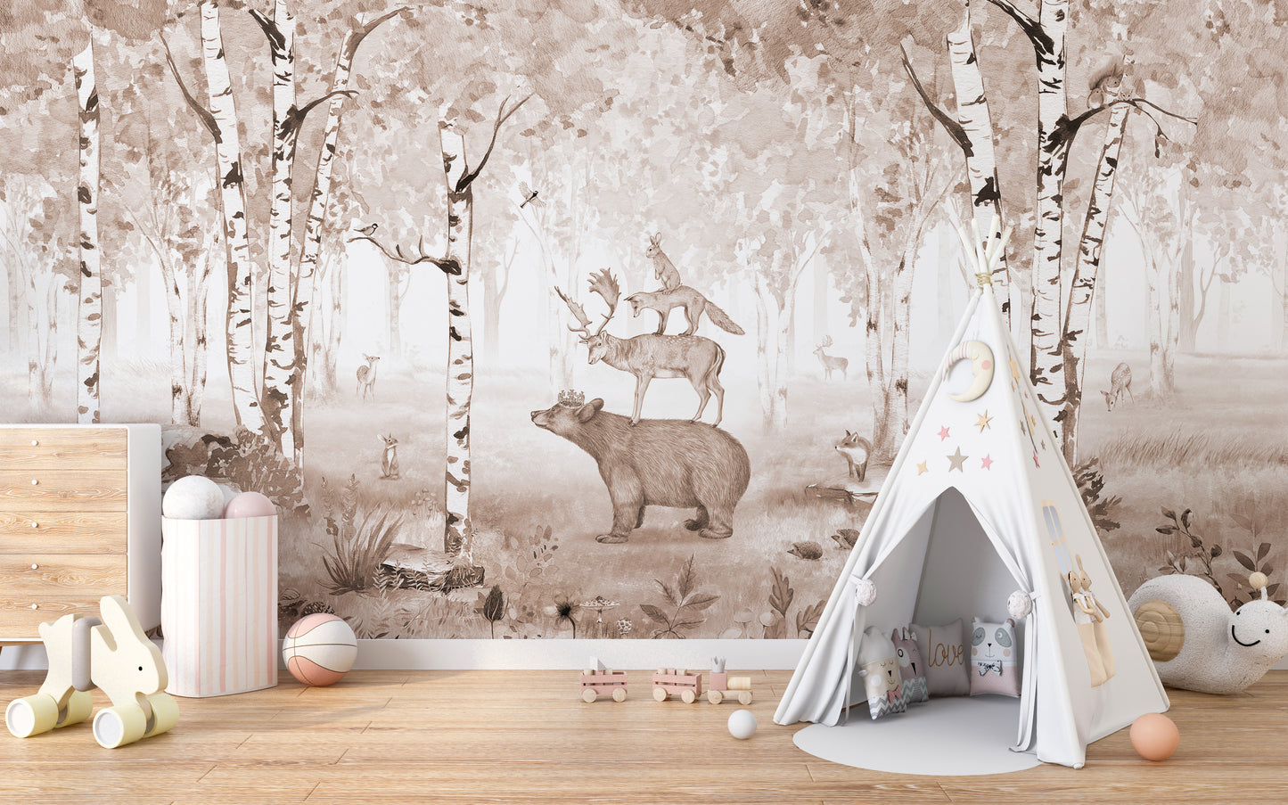 Bear and deer mural with a serene natural backdrop.
