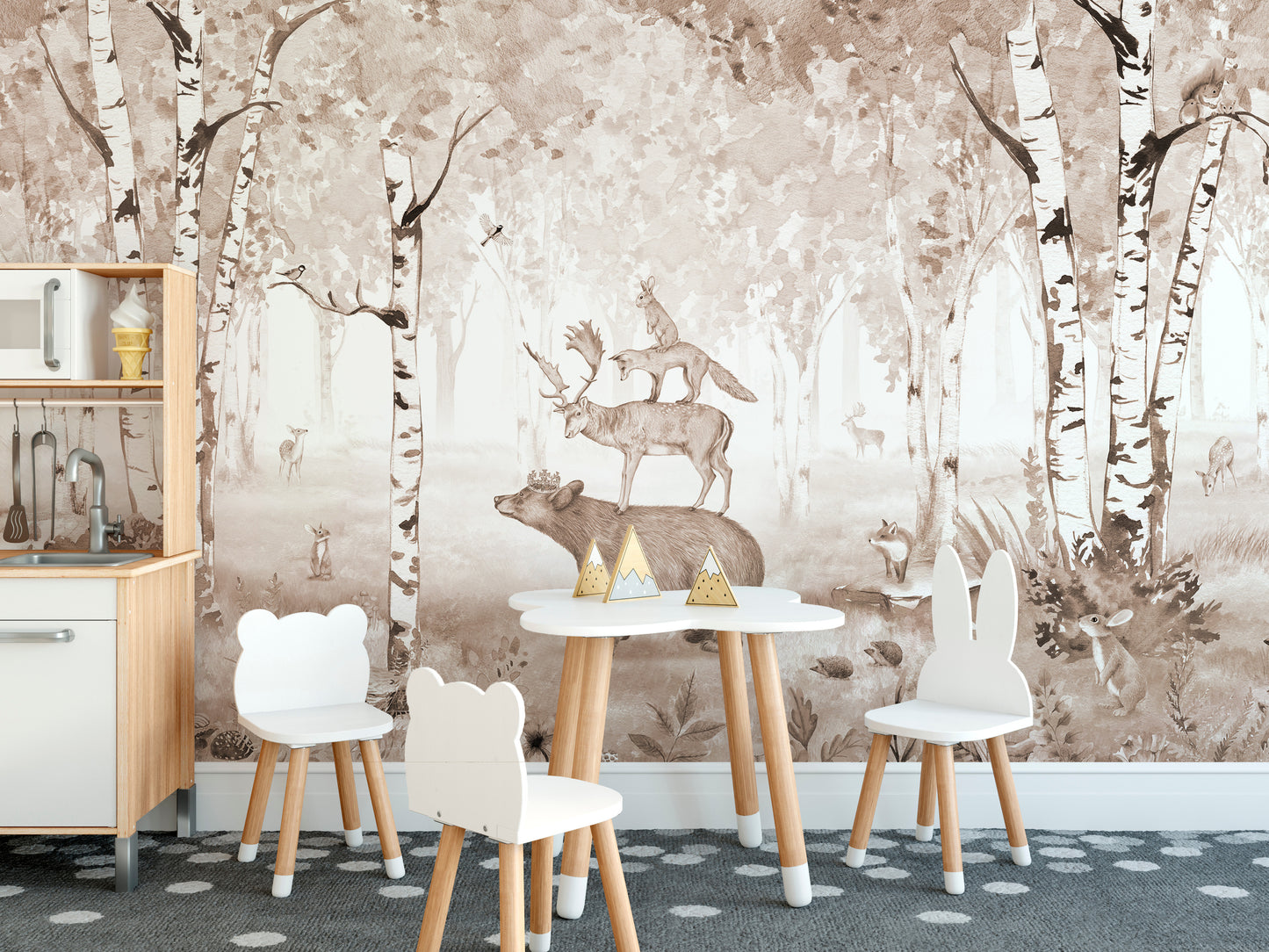 Majestic wildlife mural with bear and deer designs.
