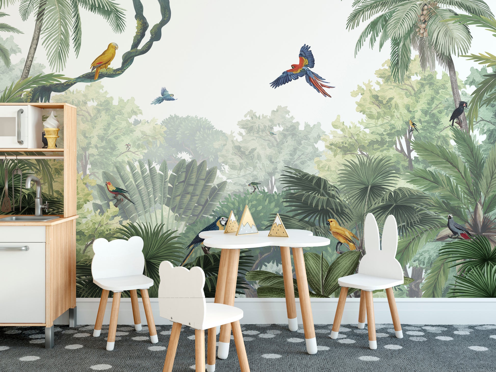 Colorful parrots mural adding vibrancy to jungle themes.
