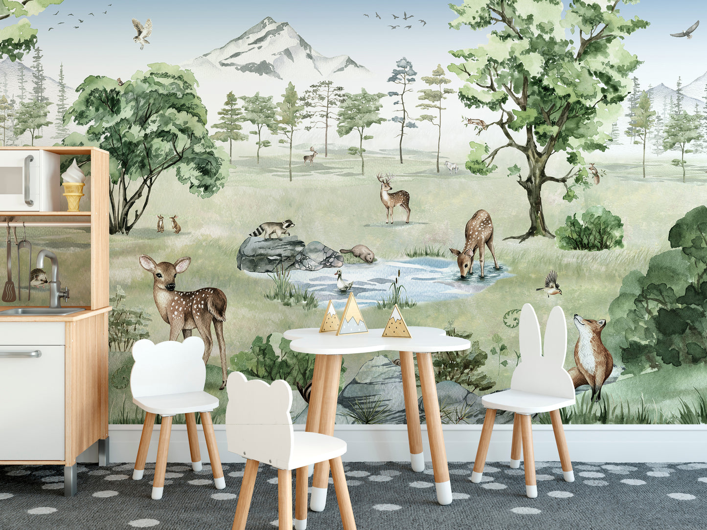 Forest mural featuring majestic deer in wildlife scenery.
