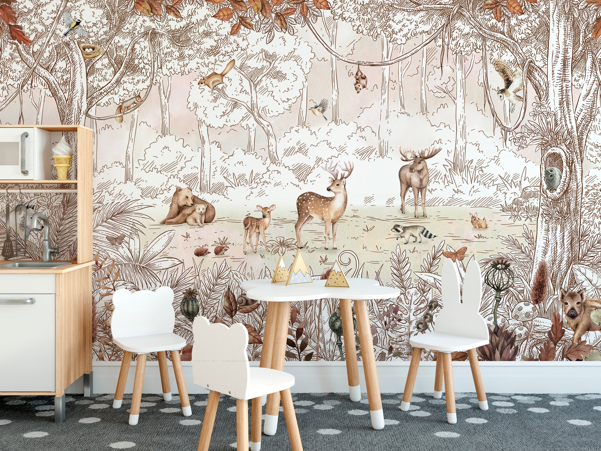 Autumn mural featuring forest animals in vibrant foliage.
