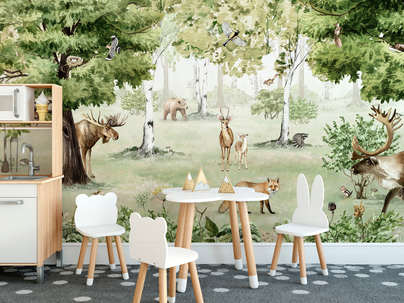 Serene Watercolor Woodland Wonders mural for tranquil walls.
