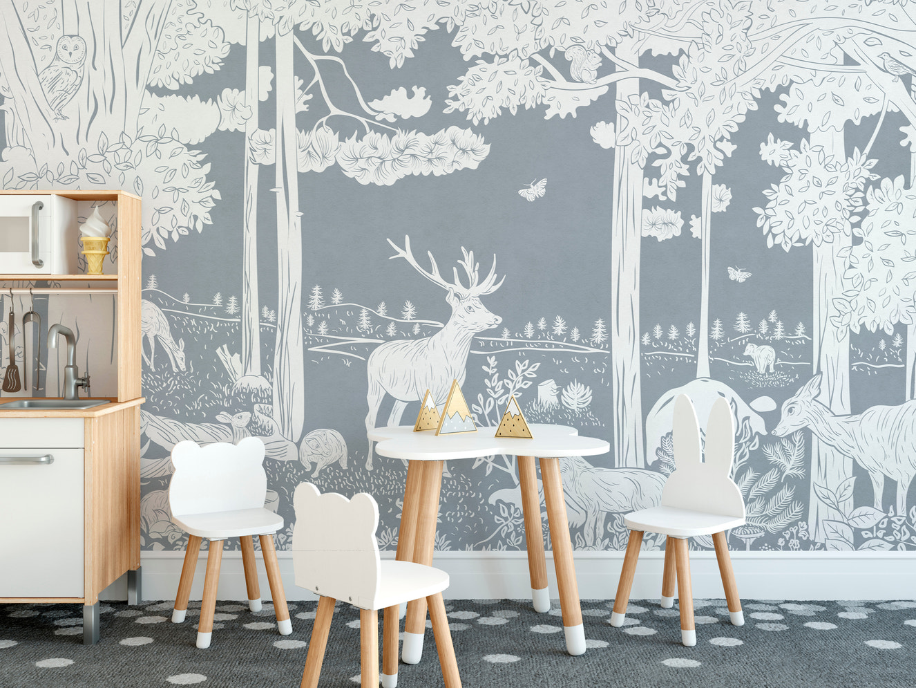 Serene Monochrome Forest Blue mural for tranquil walls.
