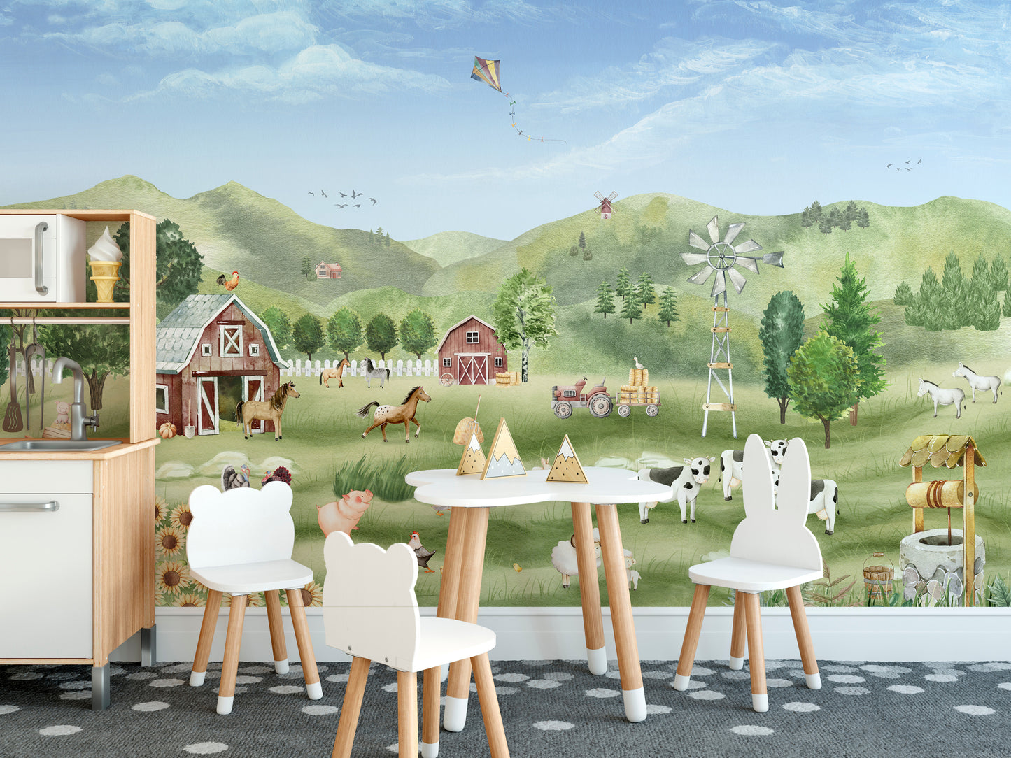 Scenic wall mural showcasing a picturesque farm landscape
