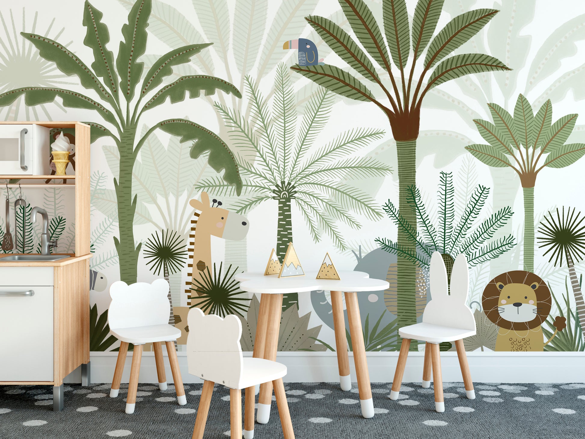 Cheerful mural showcasing jungle animals in a jive-inspired scene
