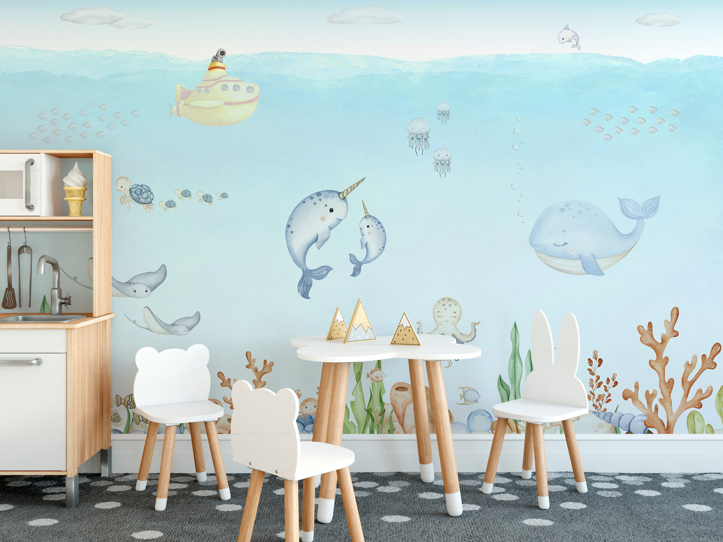 Marine friends and submarine adventure design for kids' rooms
