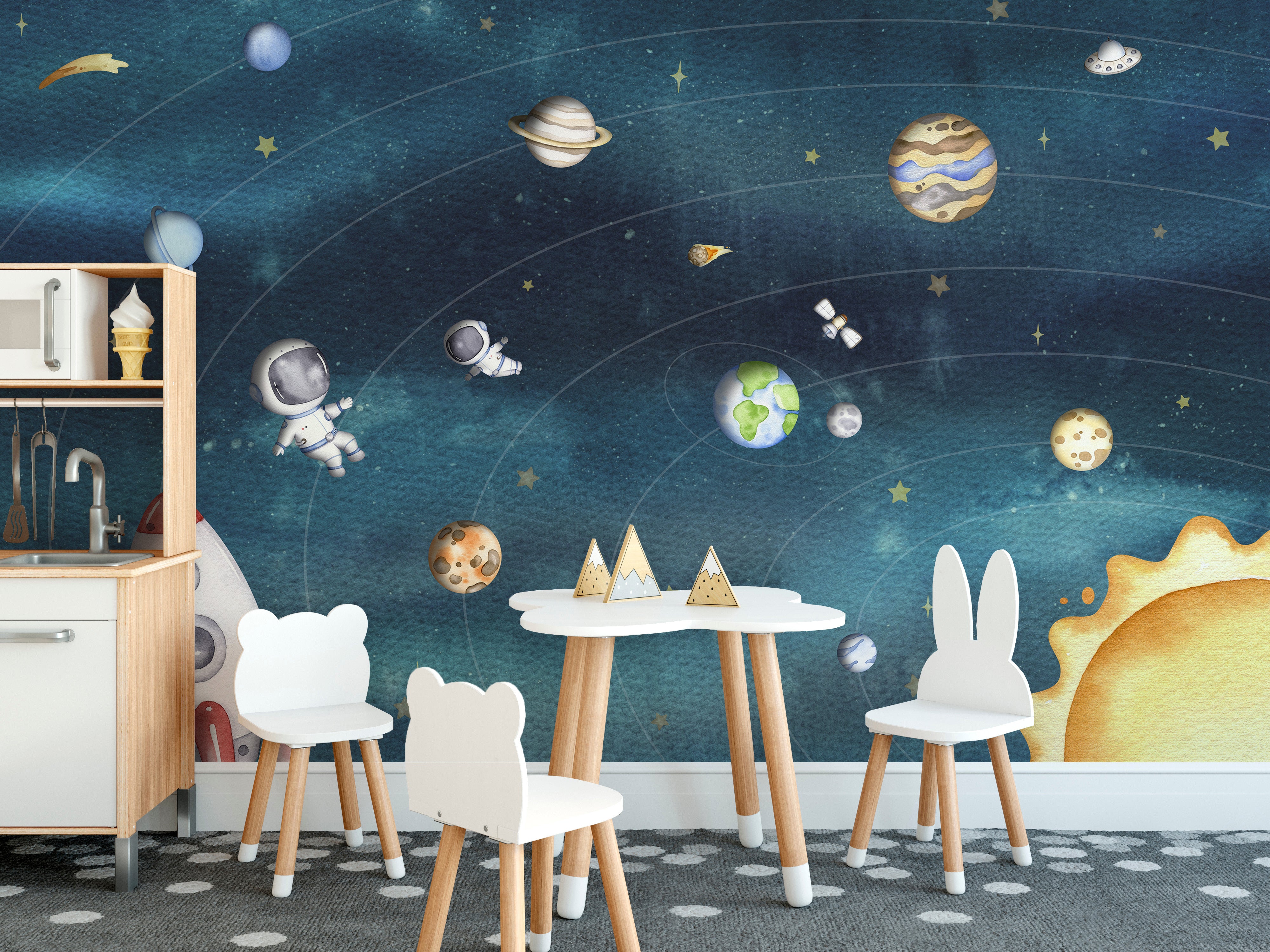 Space-themed wall mural with a joyful celestial display
