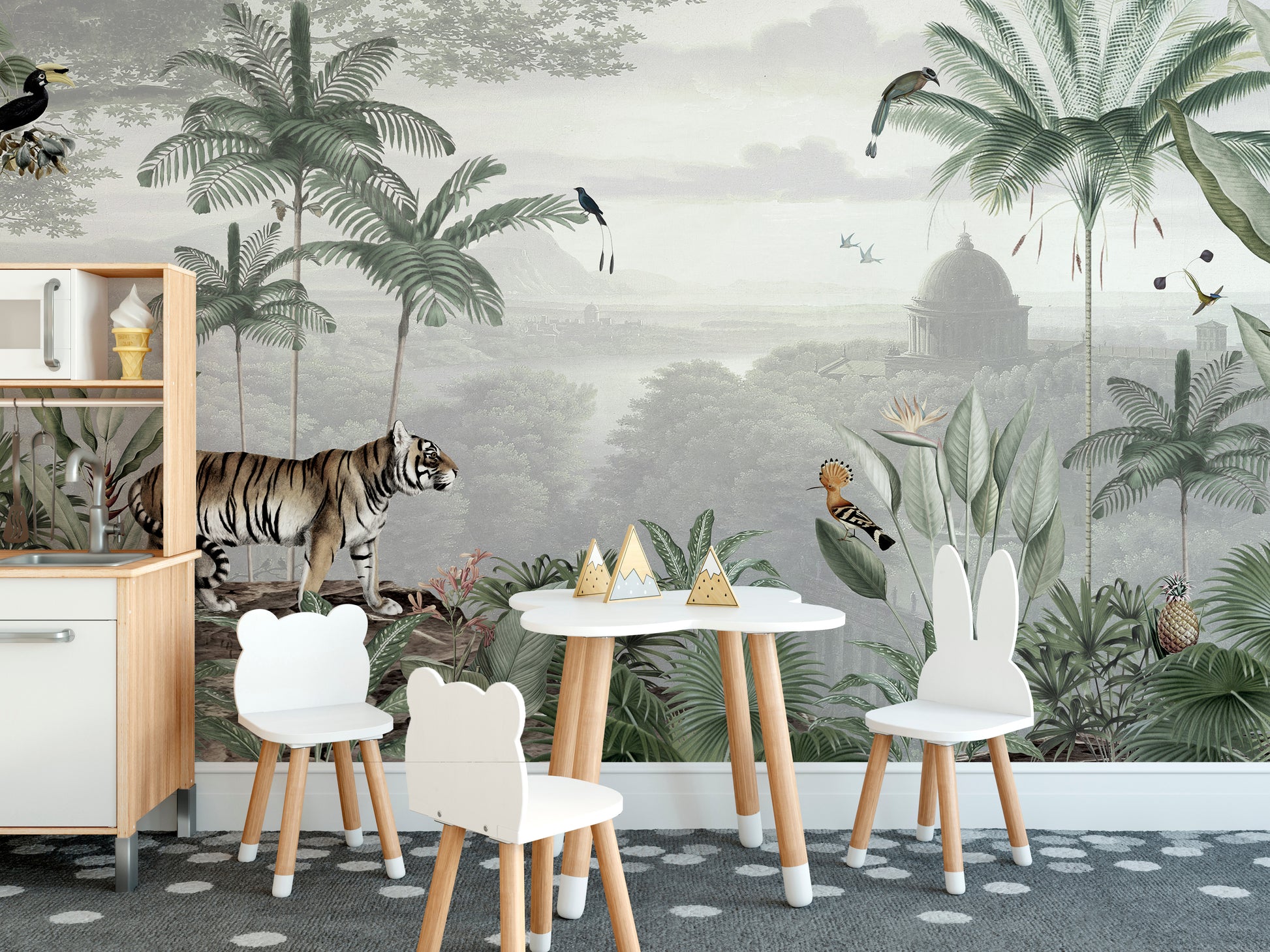 Jungle tiger mural with vibrant natural scenery.
