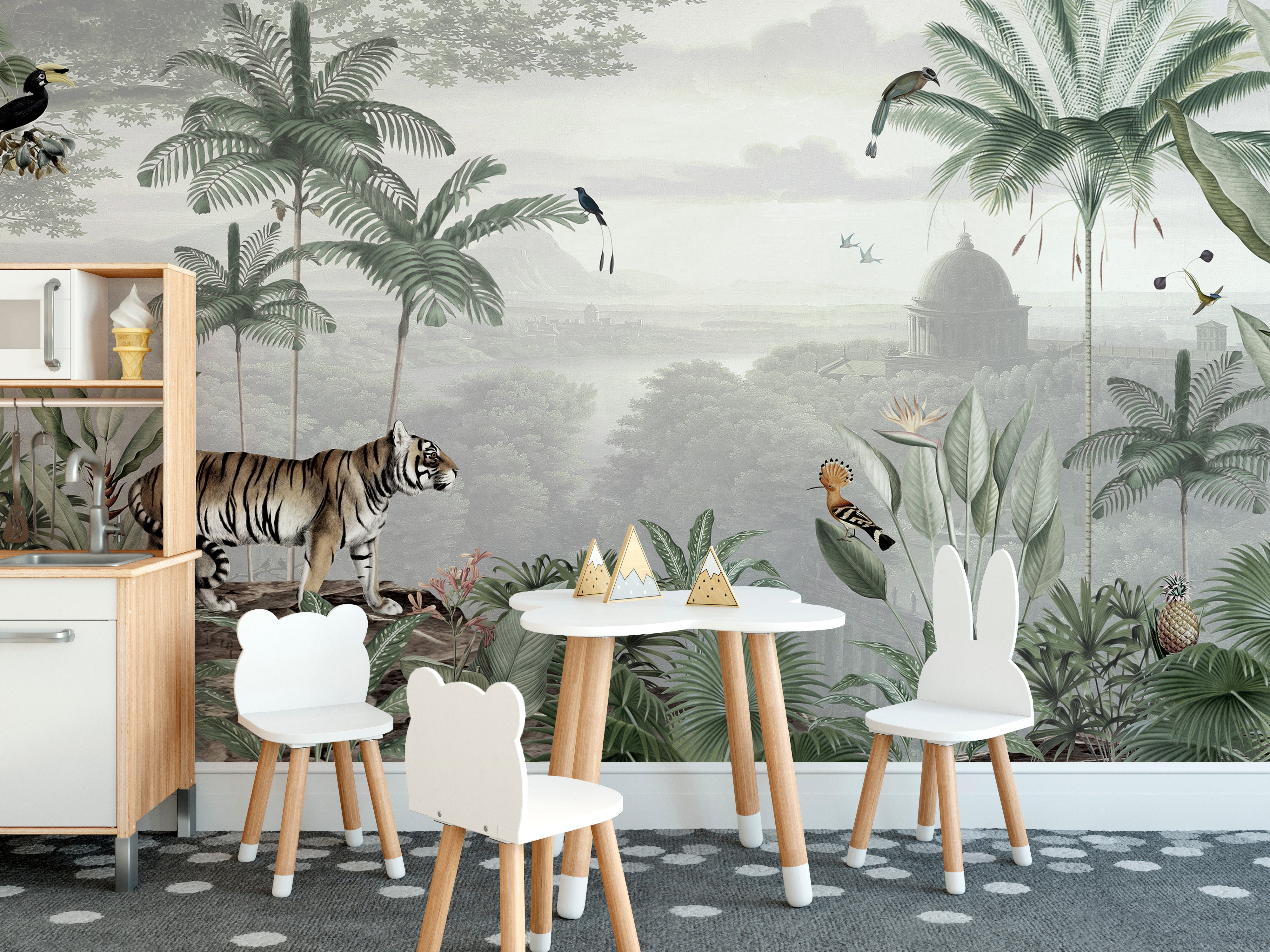 Jungle tiger mural with vibrant natural scenery.
