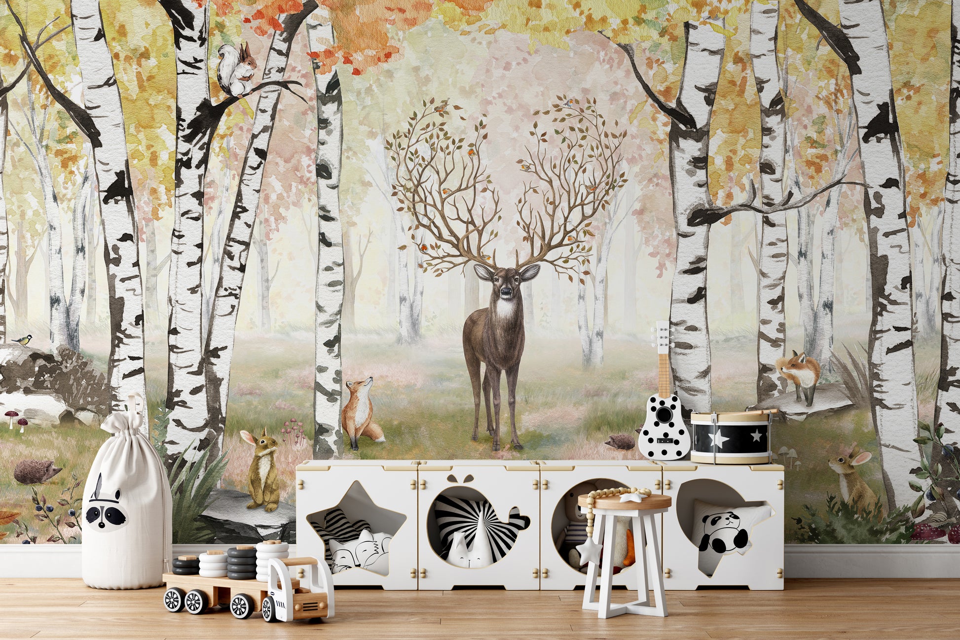 Autumn mural with antlered deer in a tranquil forest.
