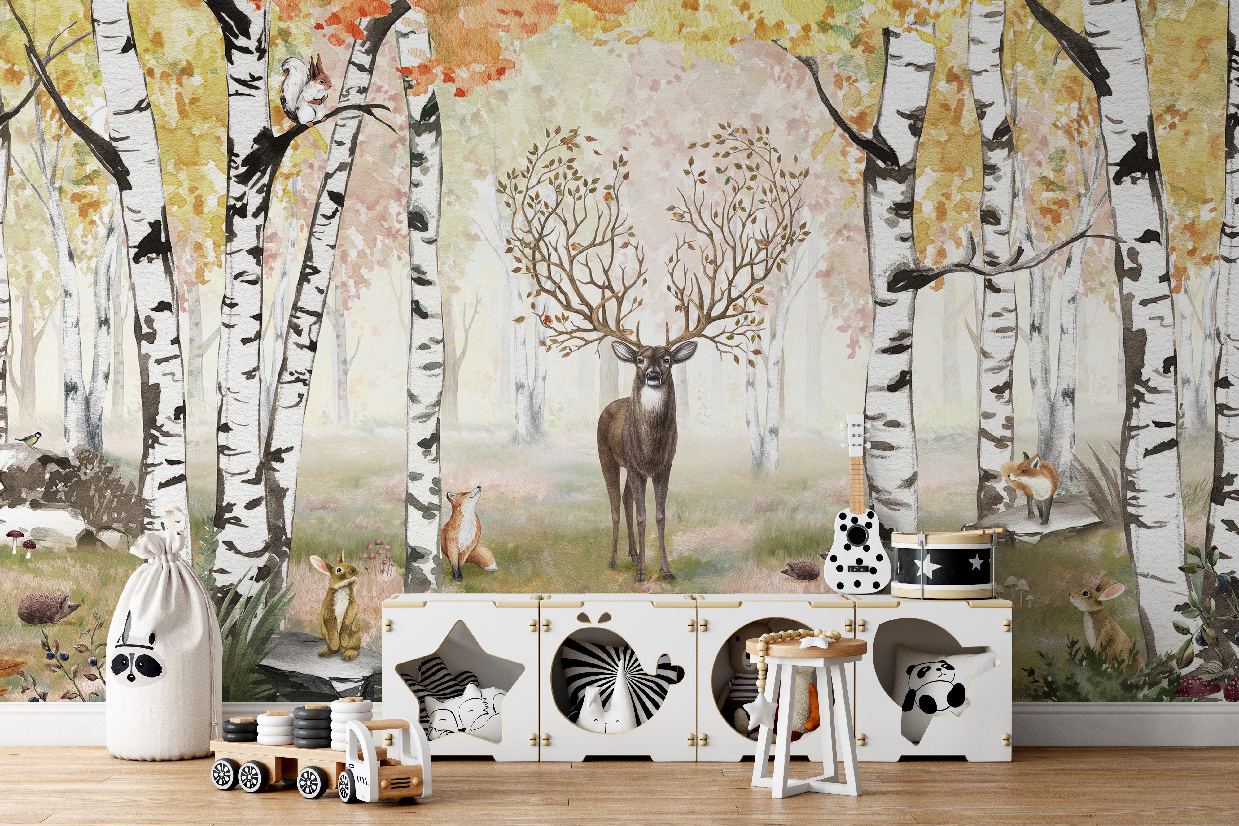 Autumn mural with antlered deer in a tranquil forest.
