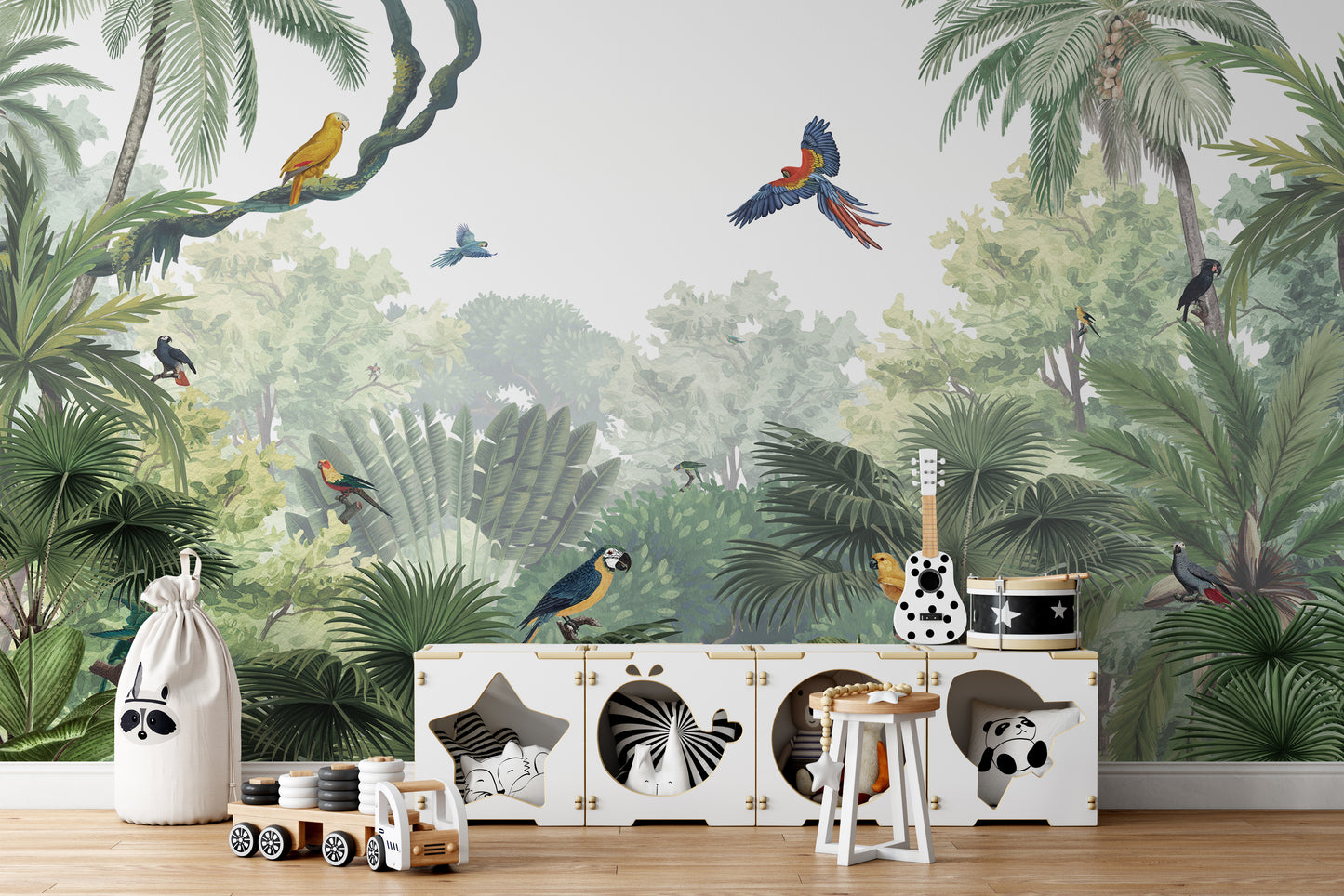 Jungle-themed mural with parrots in their natural habitat.
