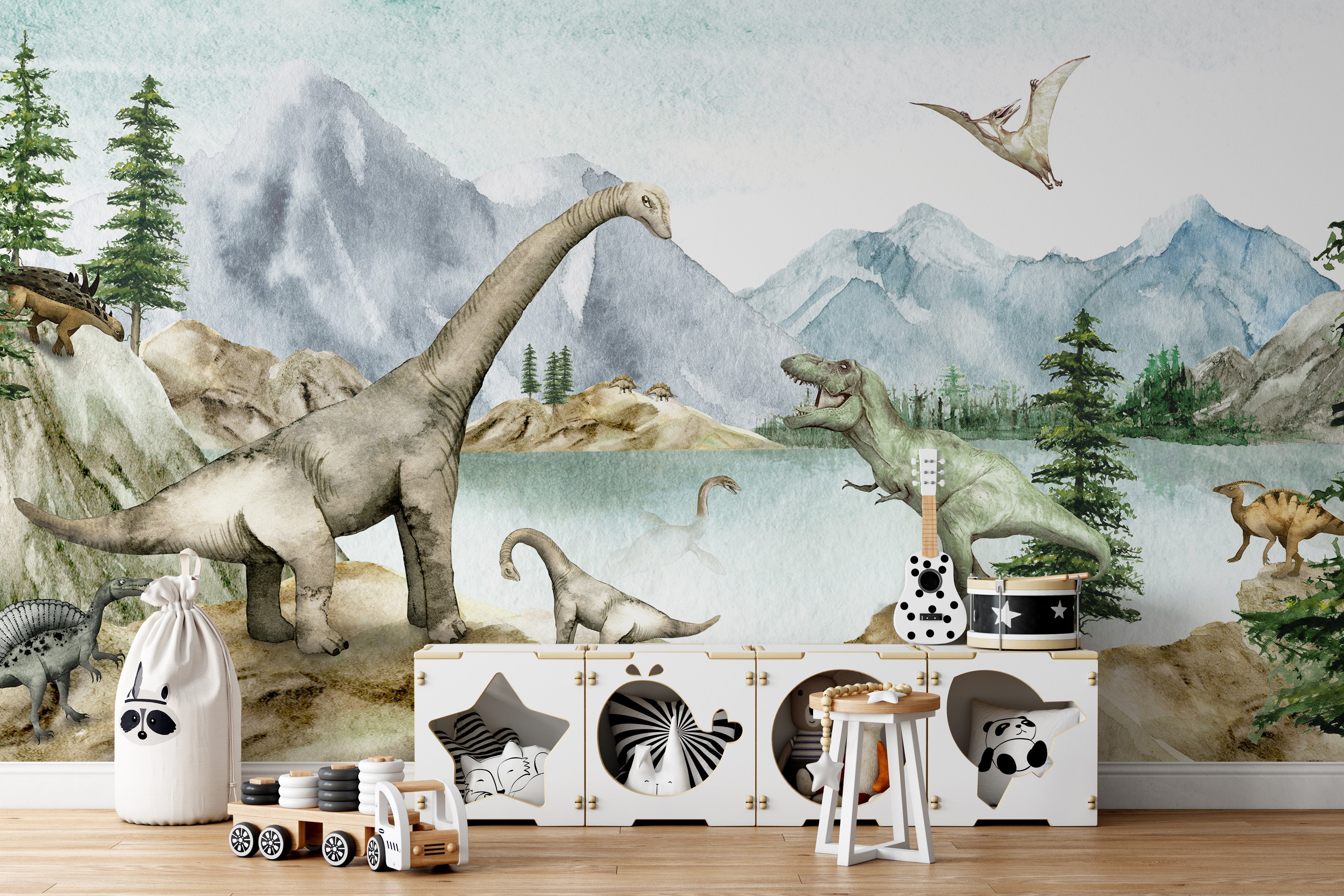 Jurassic lake mural adding adventure to dinosaur lovers' spaces.
