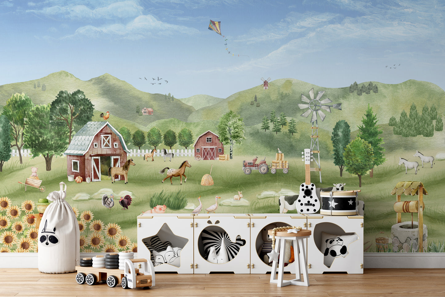 Decorative mural featuring farm life in a rustic countryside