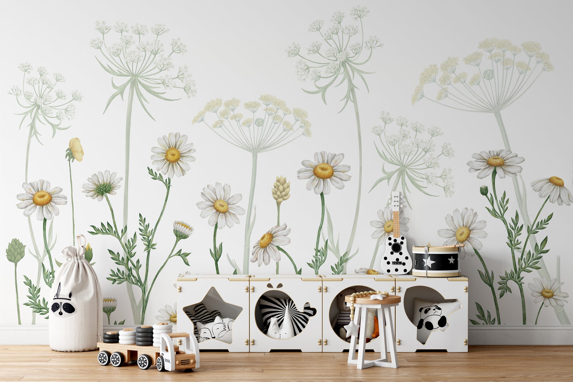 Elegant daisy floral mural for nature-inspired decor.
