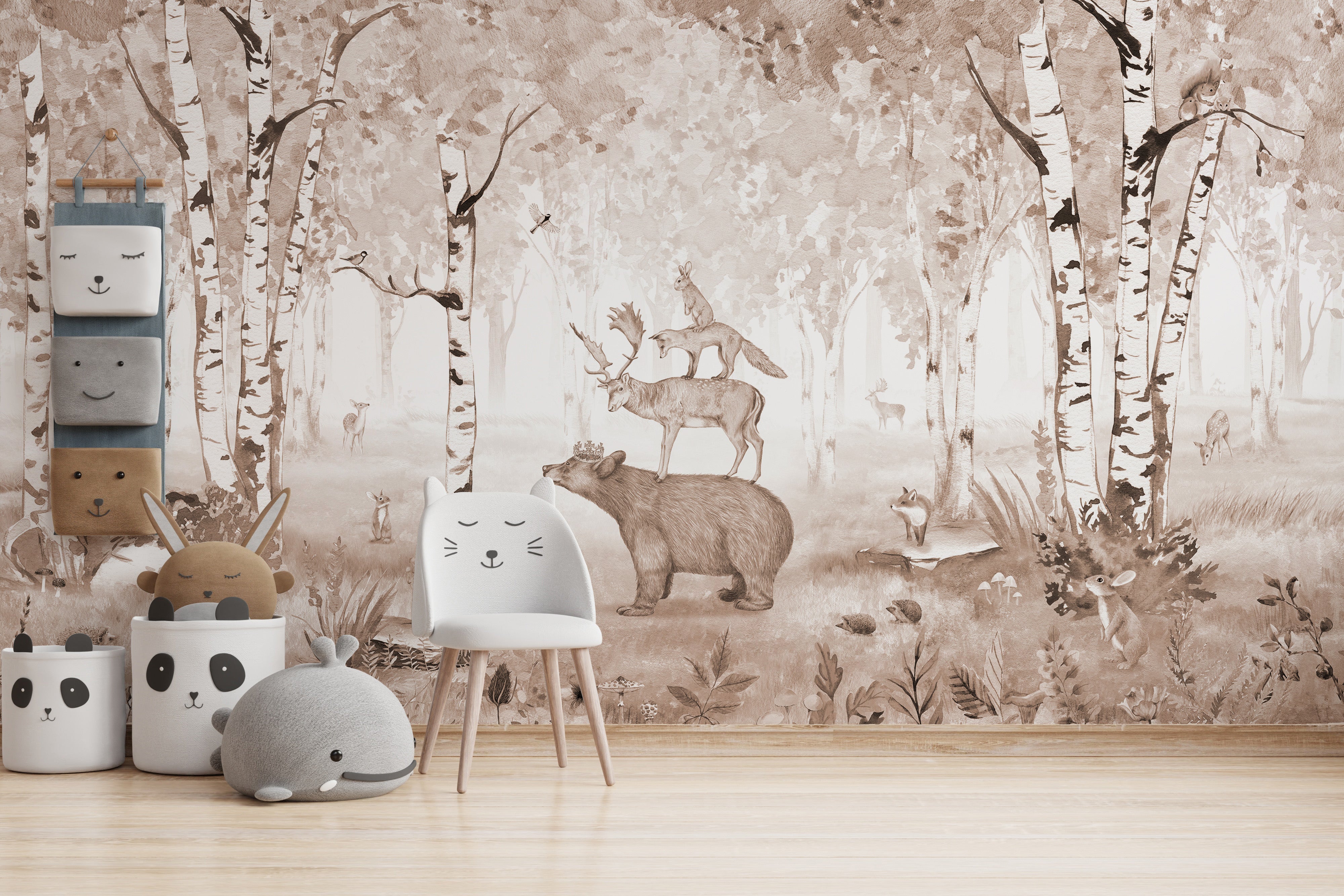 Artistic mural featuring bear and deer in nature.
