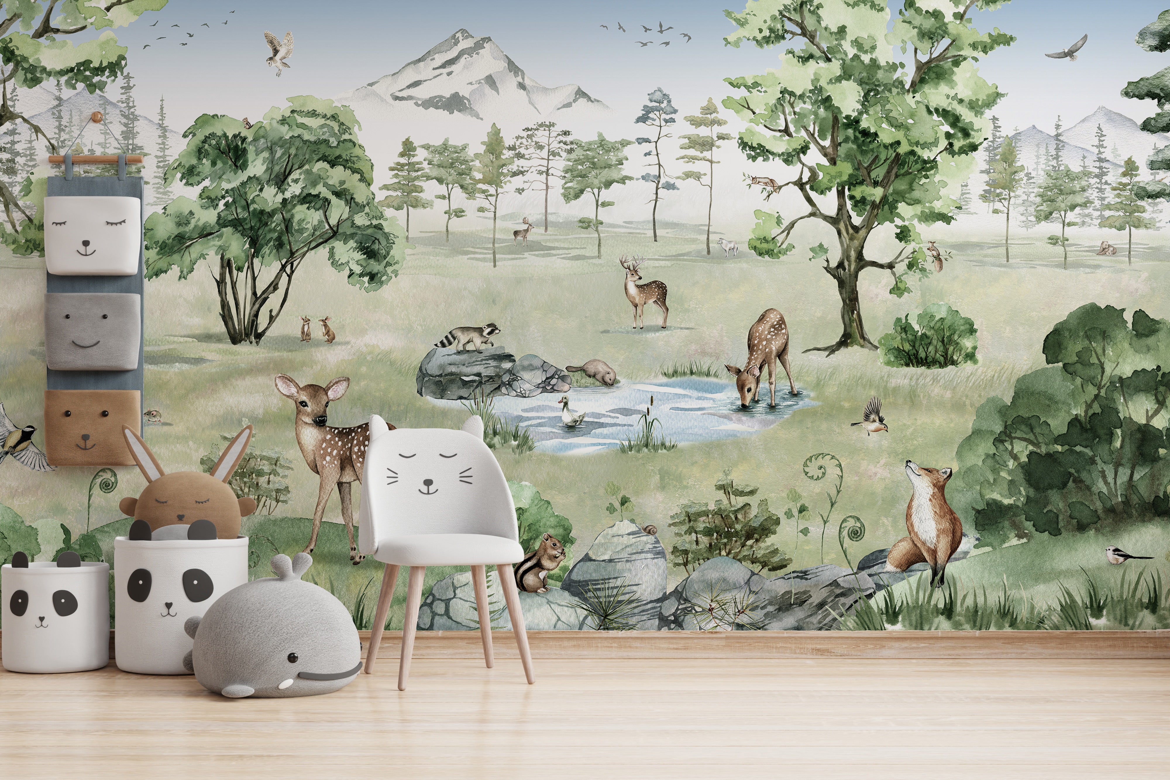 Deer wildlife mural with a tranquil forest backdrop.
