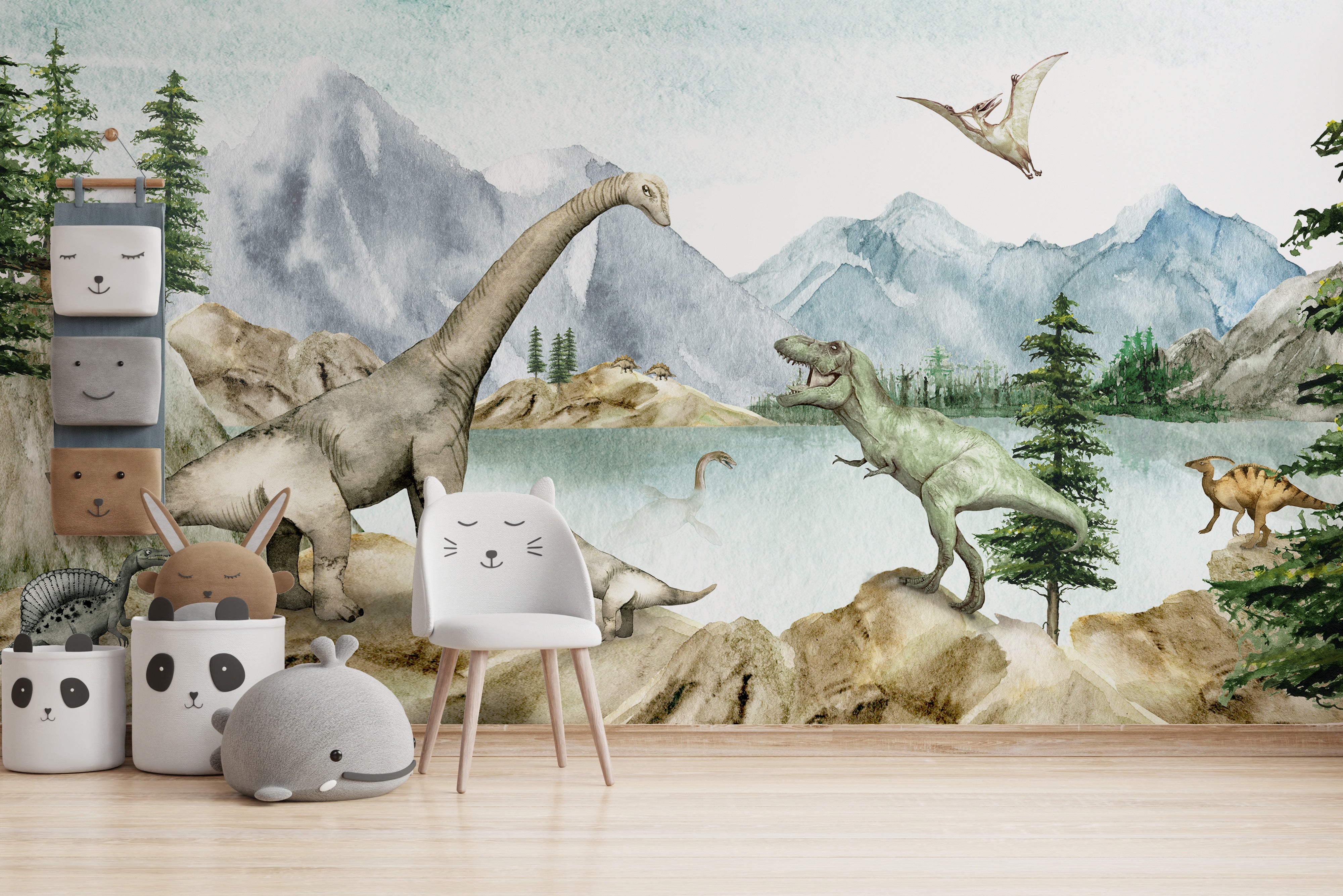 Dinosaur mural showcasing prehistoric life by a lake.
