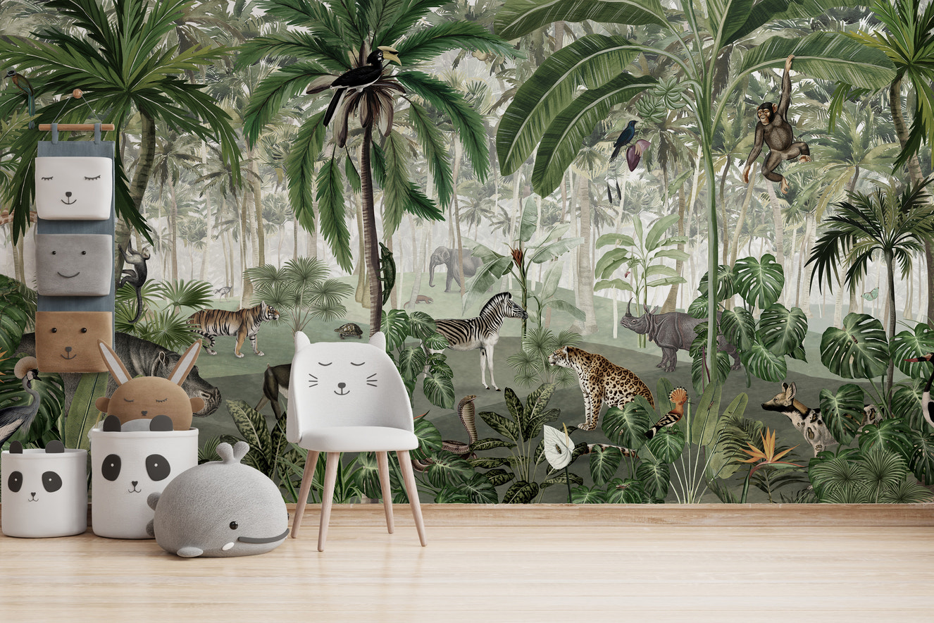 Jungle mural featuring playful animals for kids' rooms.
