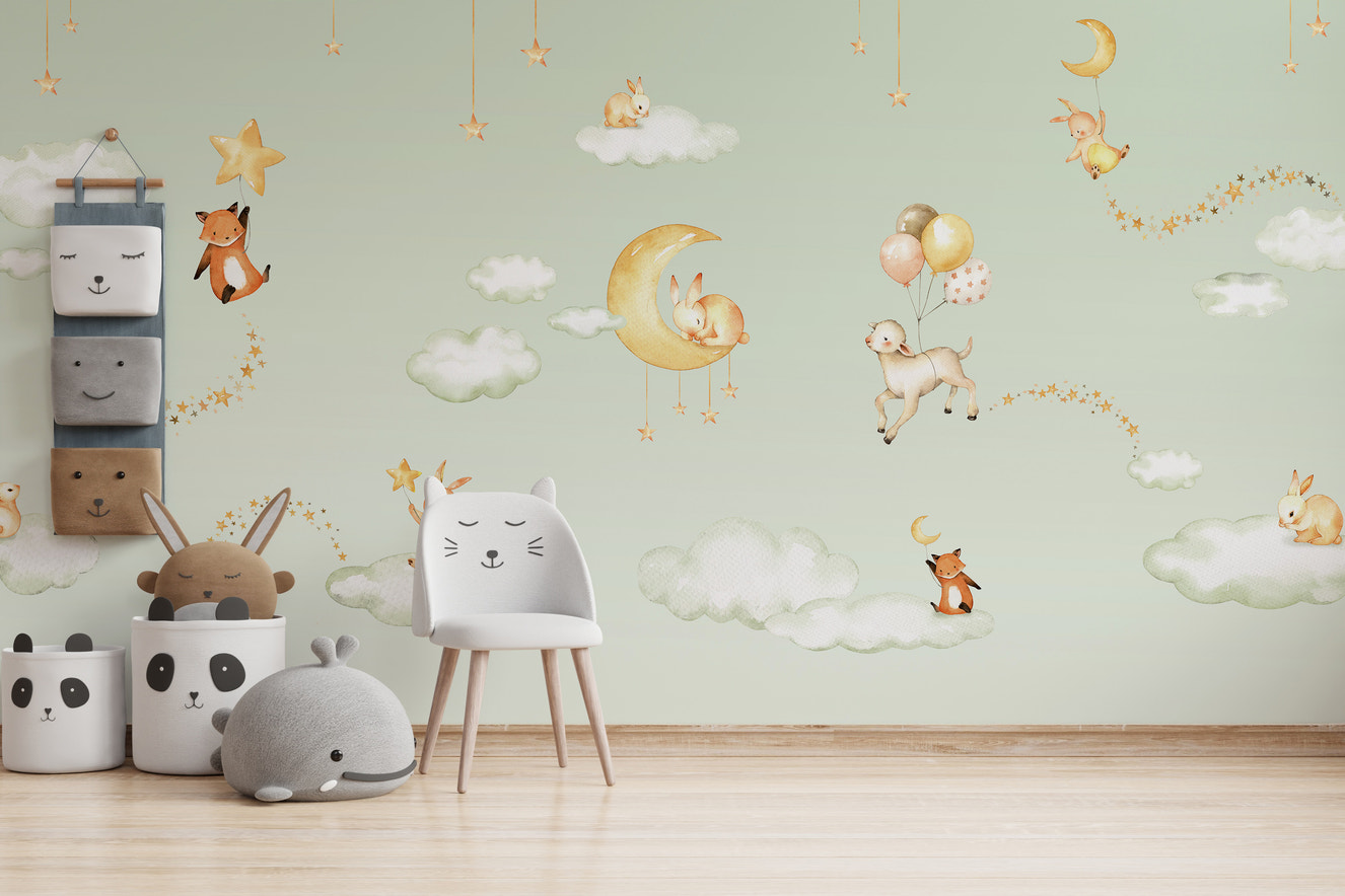 Adorable Green Sweet Dreams wallpaper for kids' rooms.
