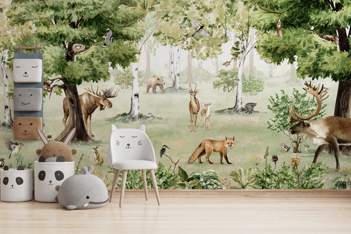 Watercolor Woodland Wonders wallpaper adds nature’s charm.
