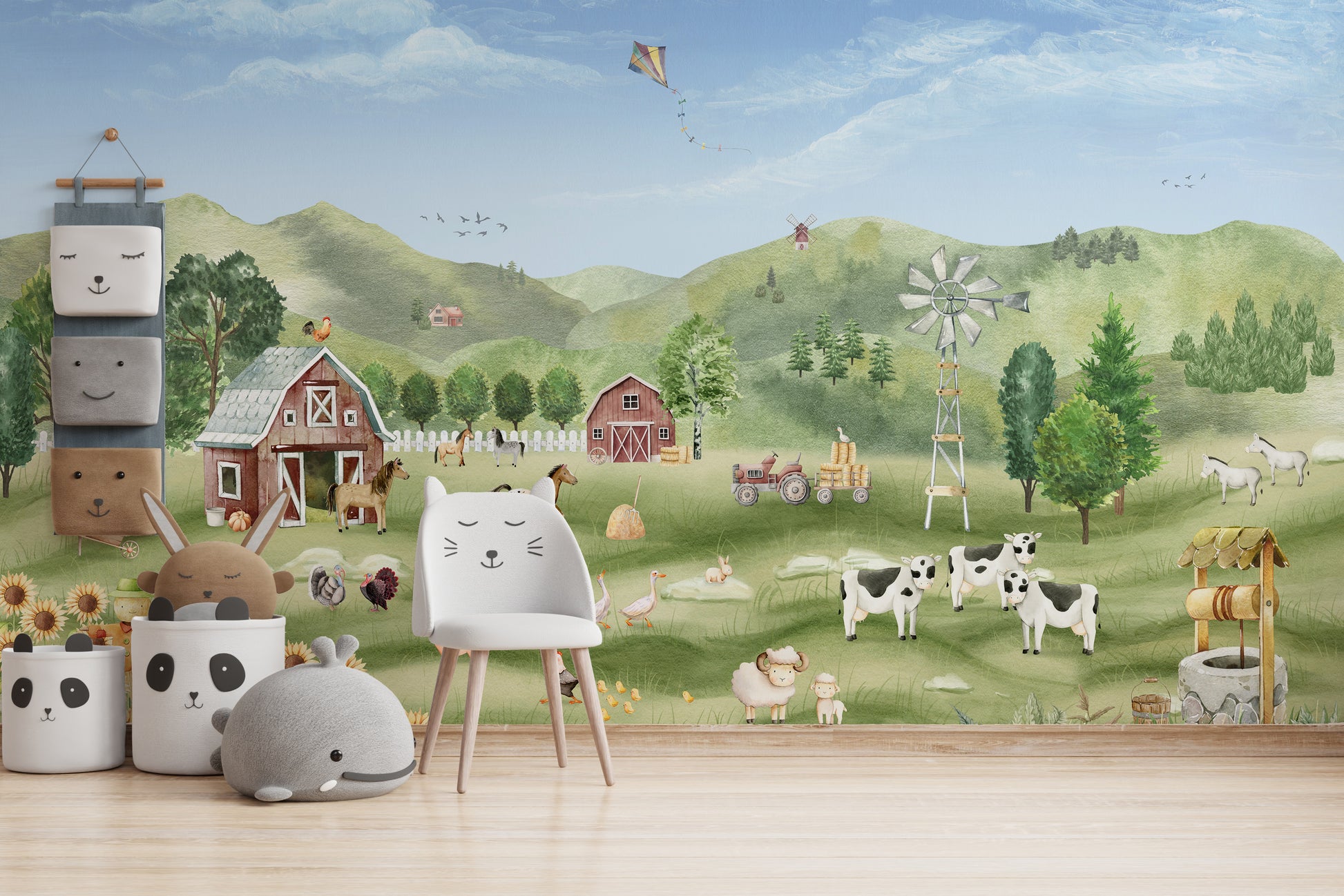 Idyllic farm scene mural perfect for cozy interiors
