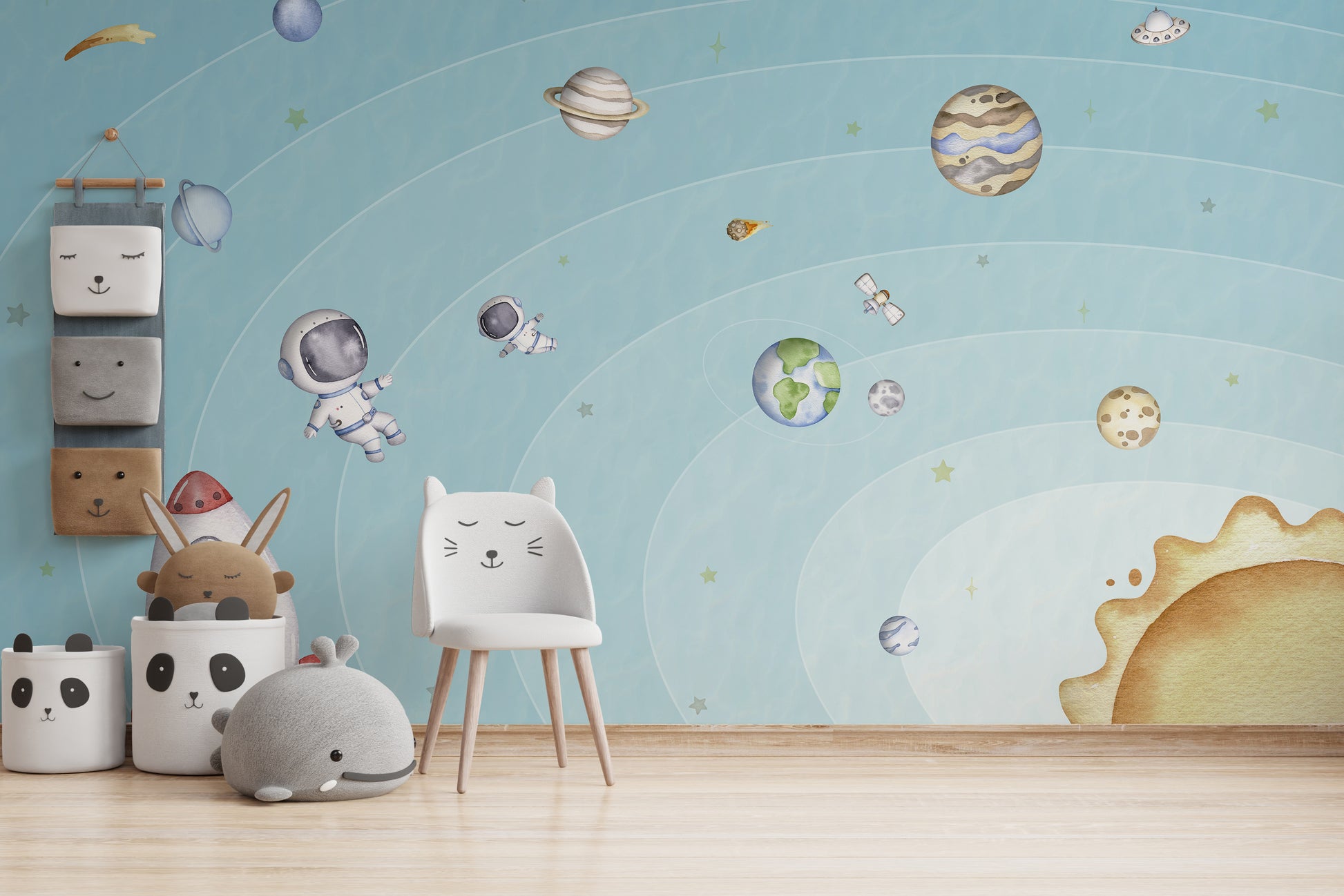 Space-themed wall mural with a joyful celestial display
