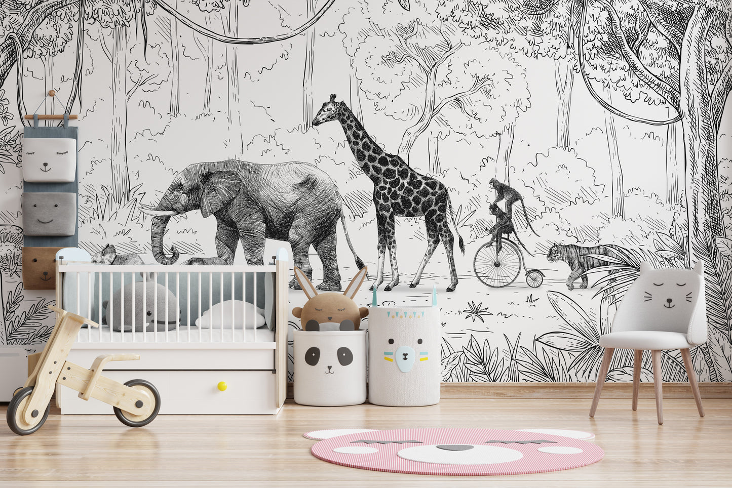 Stylish Animal Parade mural in black and white design.
