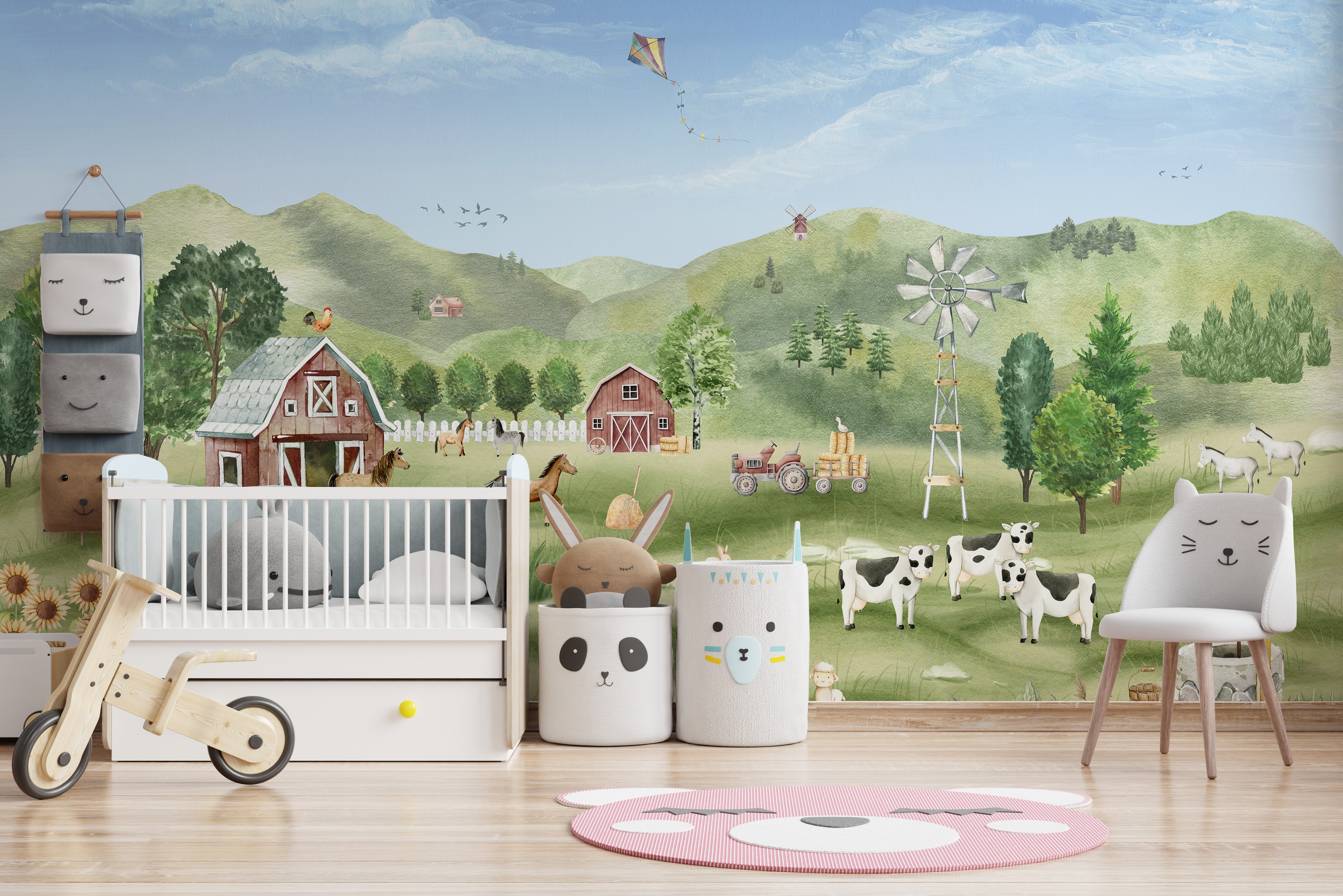 Wall decor with a calming pastoral farm life illustration
