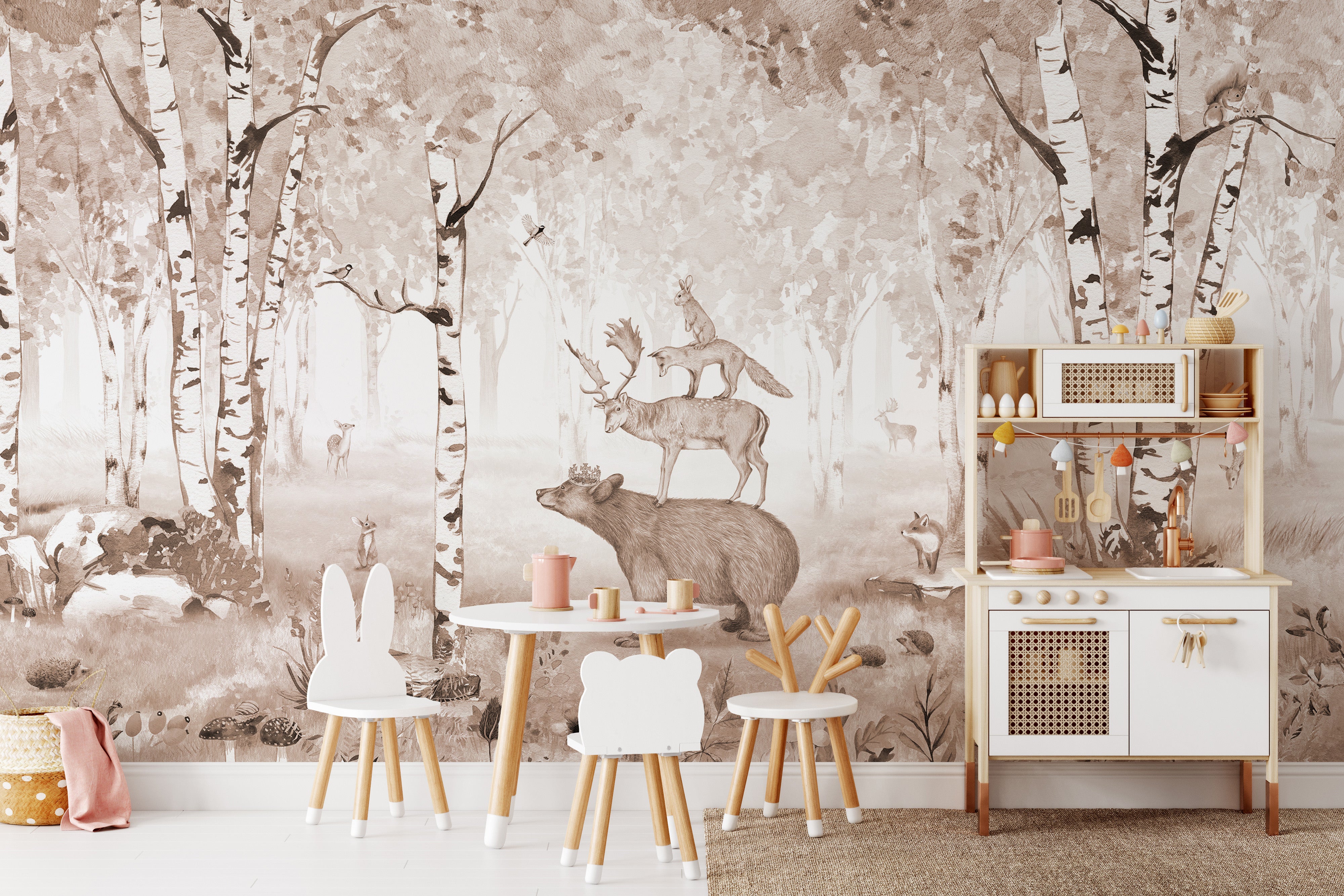 Bear and deer mural highlighting forest tranquility.
