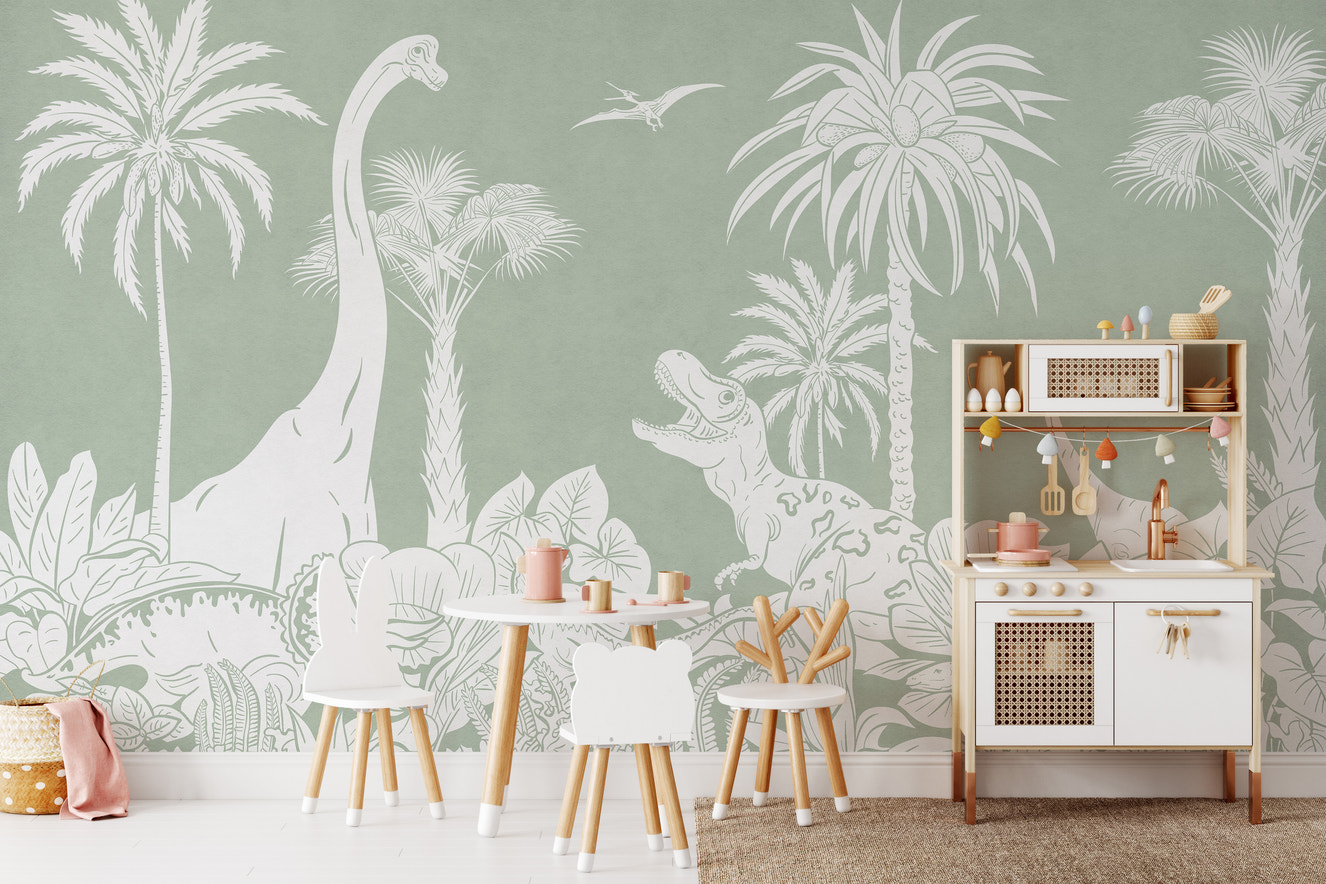 Stylish Monochrome Dino Green mural for kids’ rooms.
