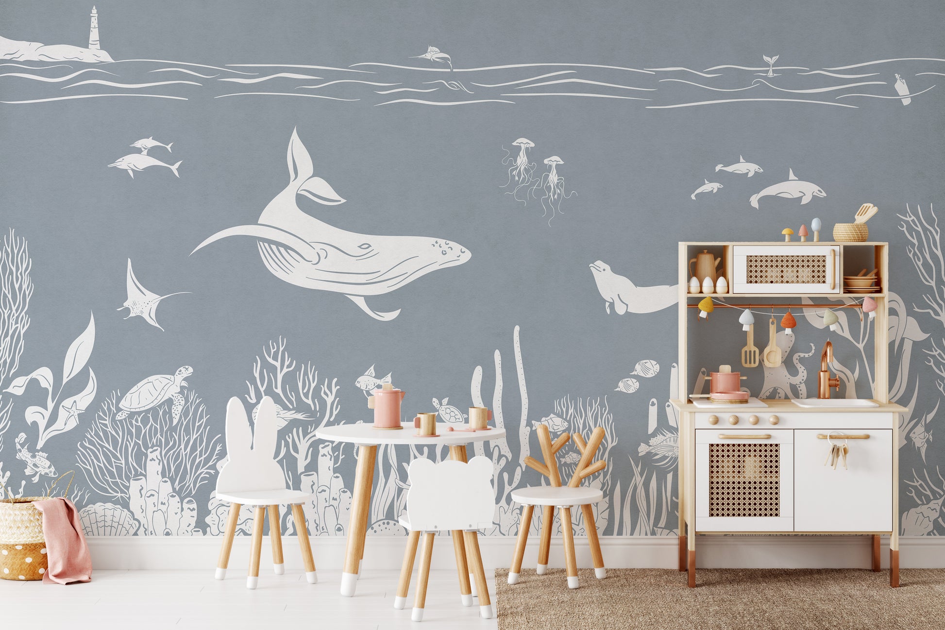 Monochrome Sea Blue wallpaper adds coastal charm.
