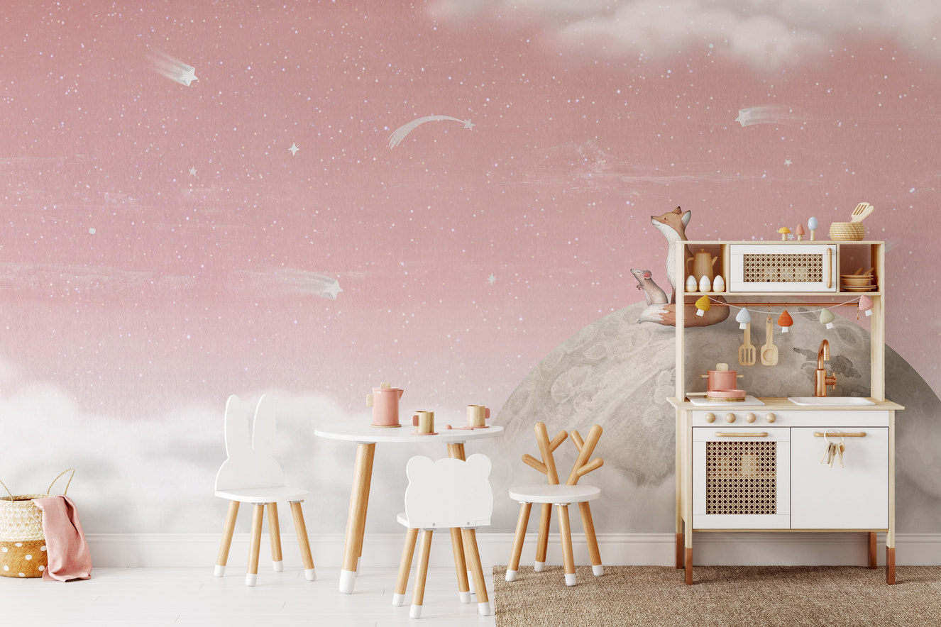 Enchanting wall art with a fox sitting on the moon in pink tones
