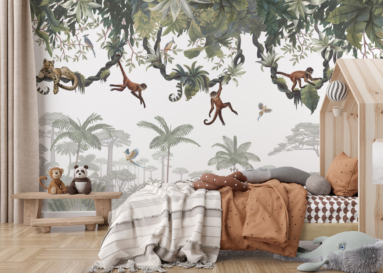 Jungle mural featuring playful cheeky monkeys.
