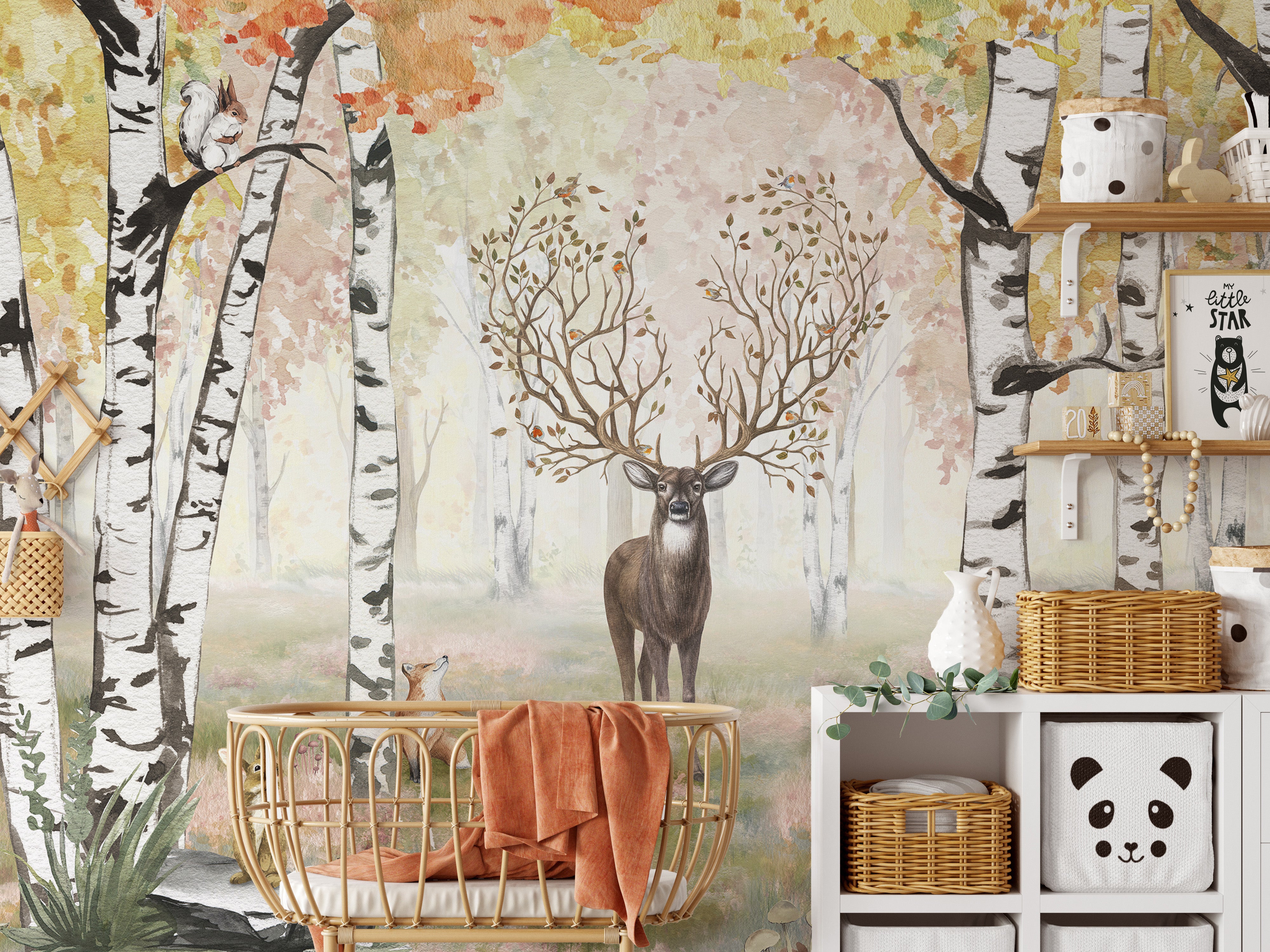 Majestic woodland mural featuring autumn foliage.
