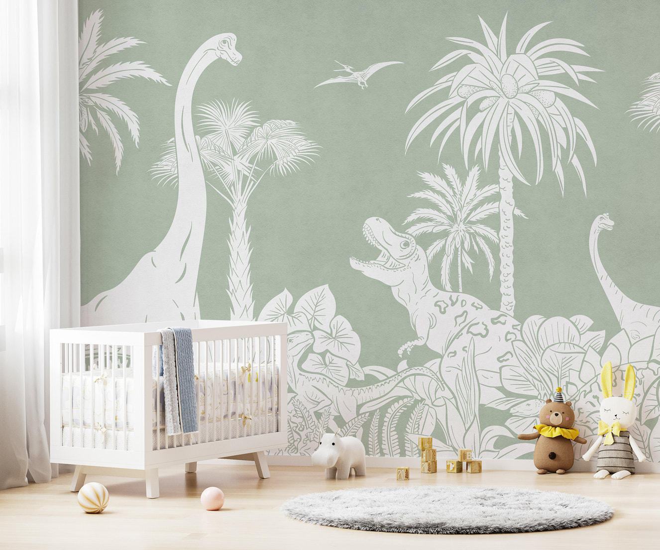 Monochrome Dino Green mural adds vibrant charm to walls.
