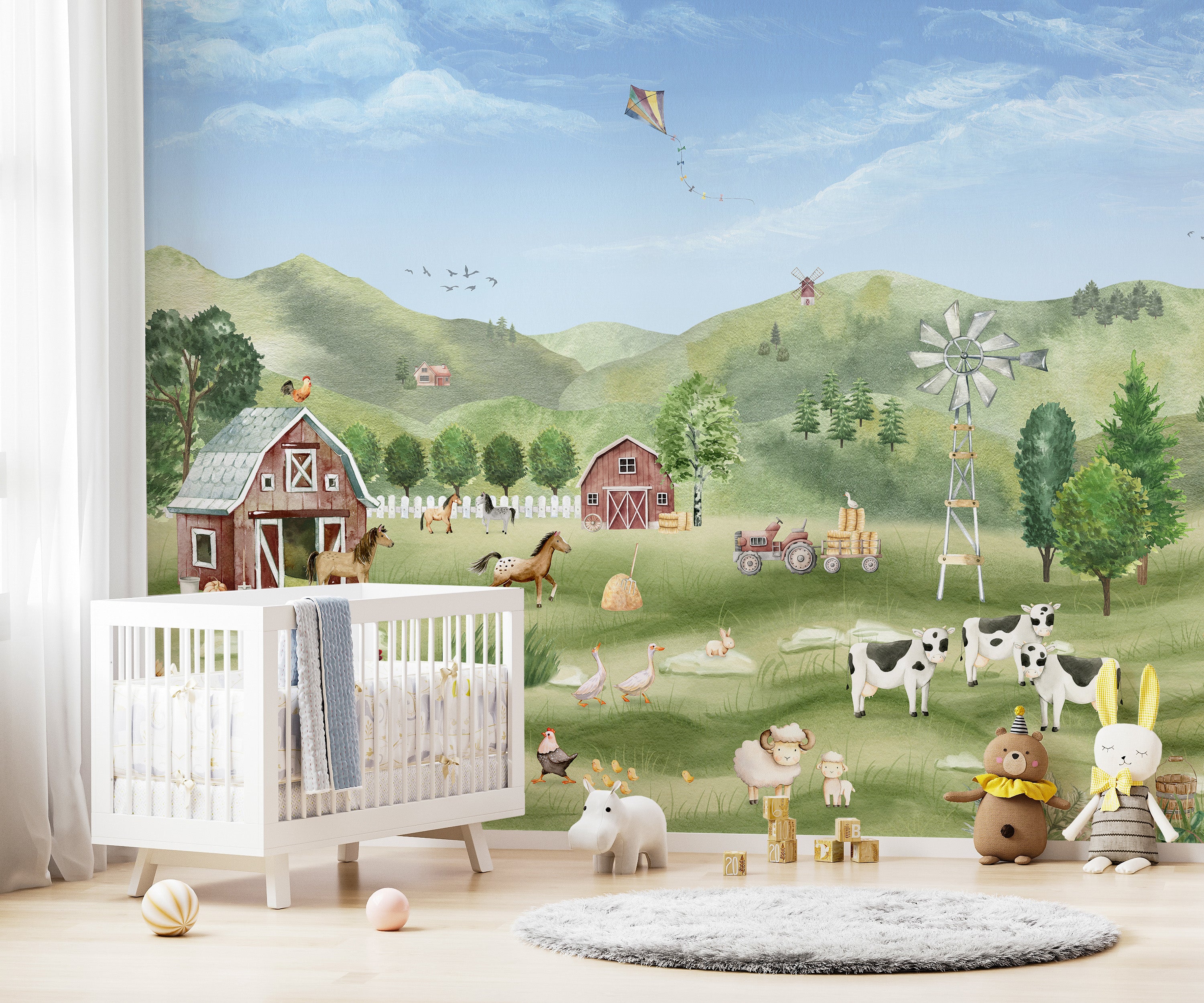 Rustic-themed wall mural with a serene farm life depiction
