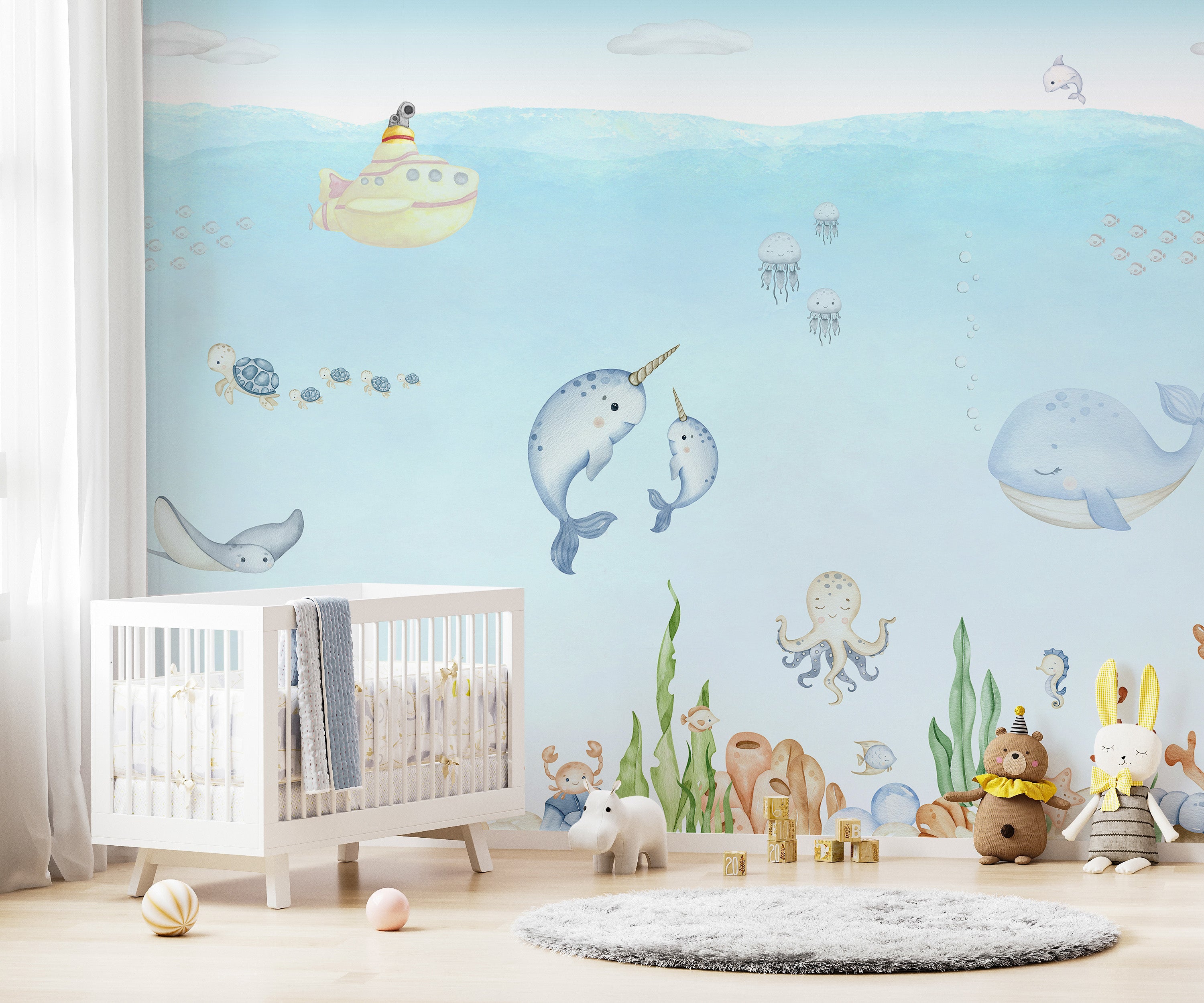 Whimsical underwater mural with marine friends and a submarine
