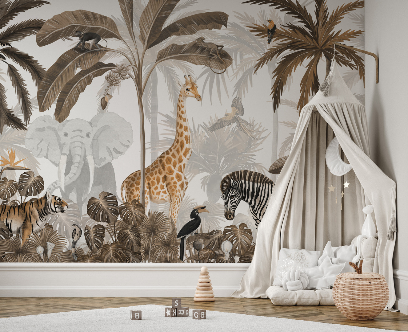 Sepia-toned mural featuring a lively jungle jive theme.
