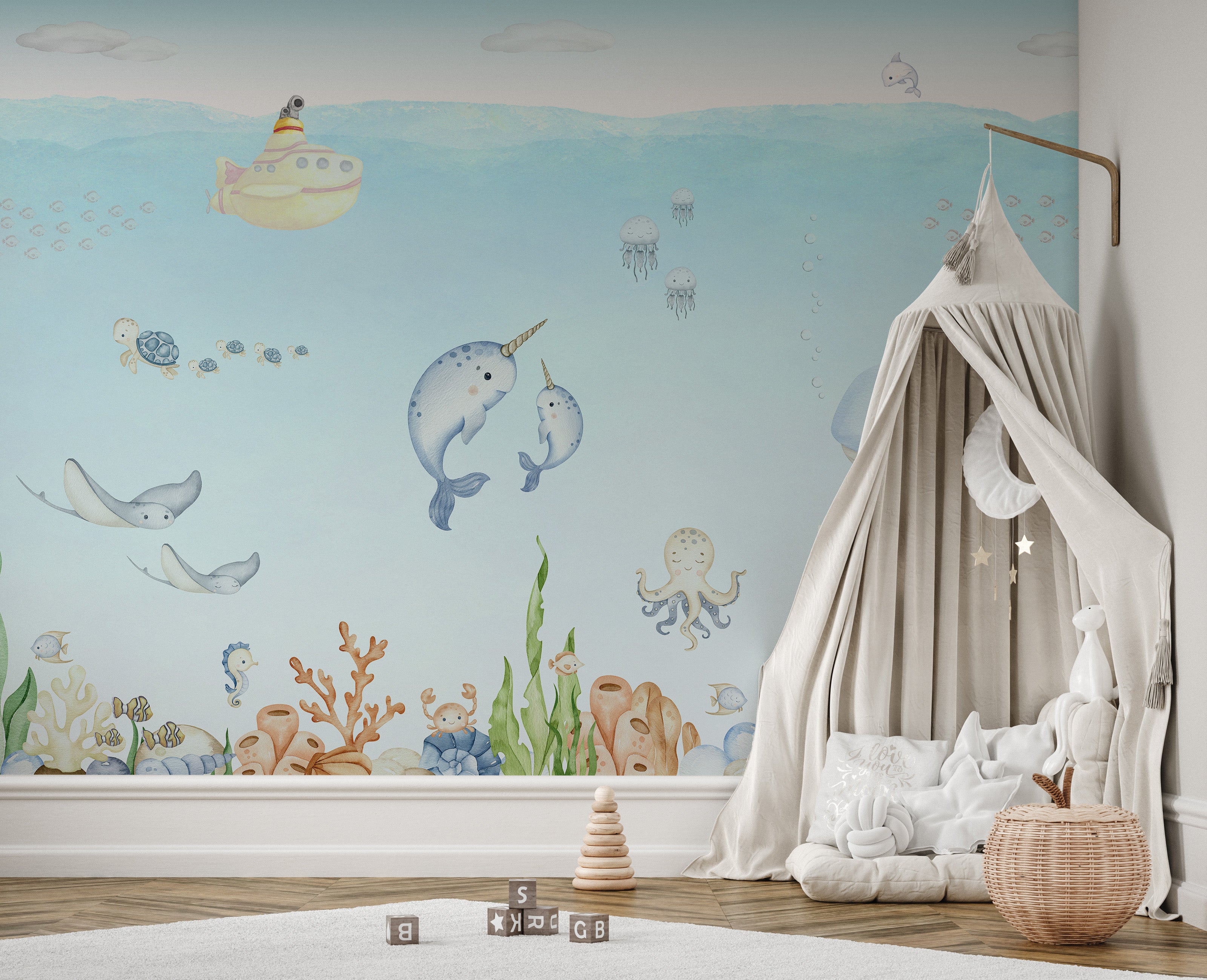 Colorful wall art with marine life and a submarine journey
