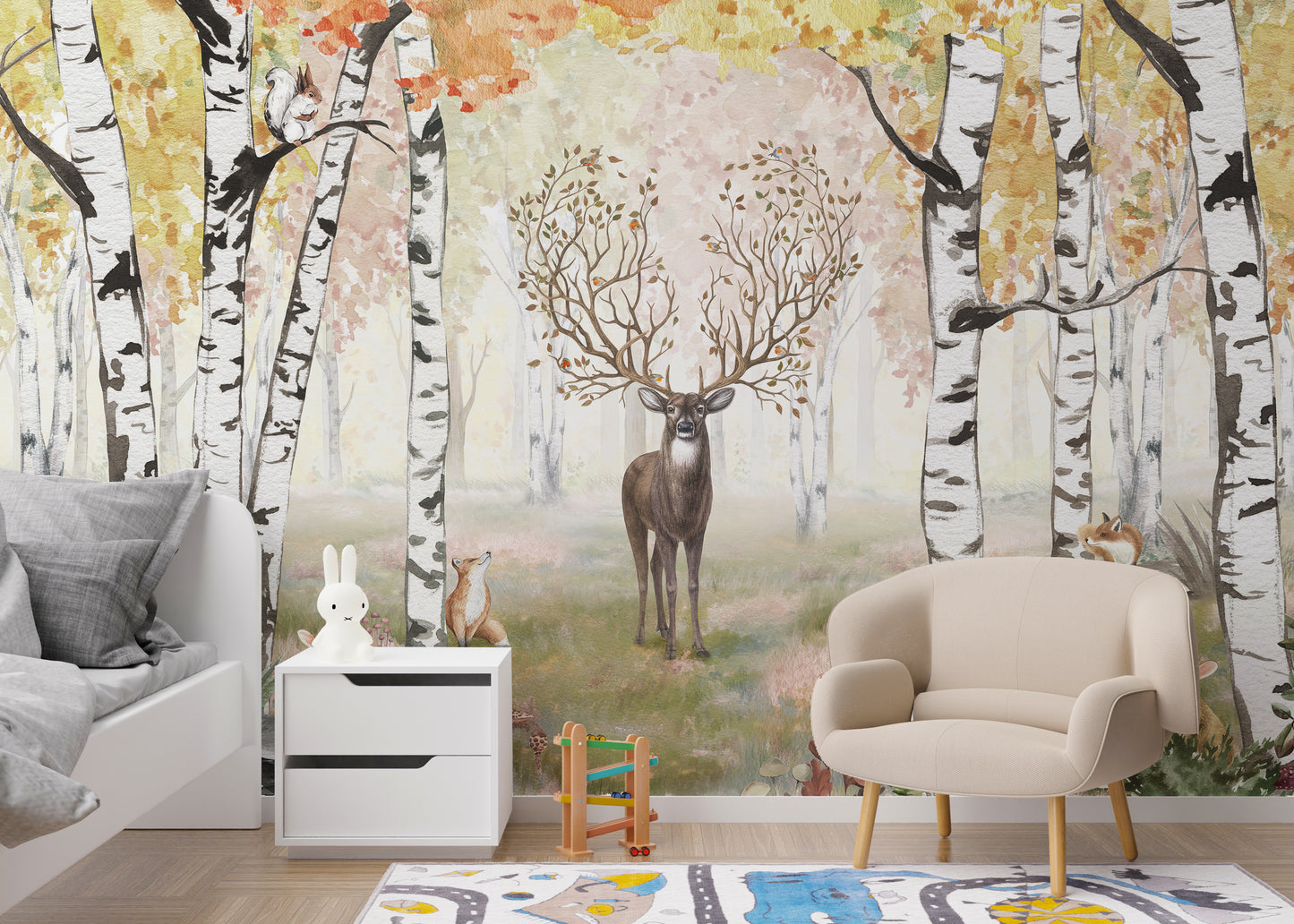 Autumn forest mural with elegant antlered creatures.
