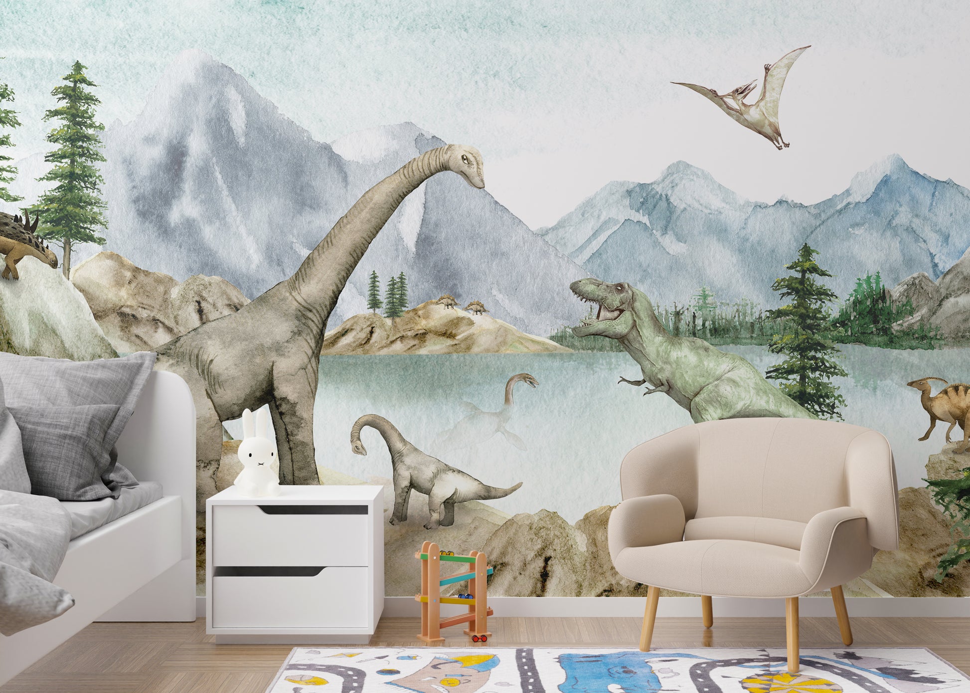 Vibrant mural featuring dinosaurs and a Jurassic lake view.



