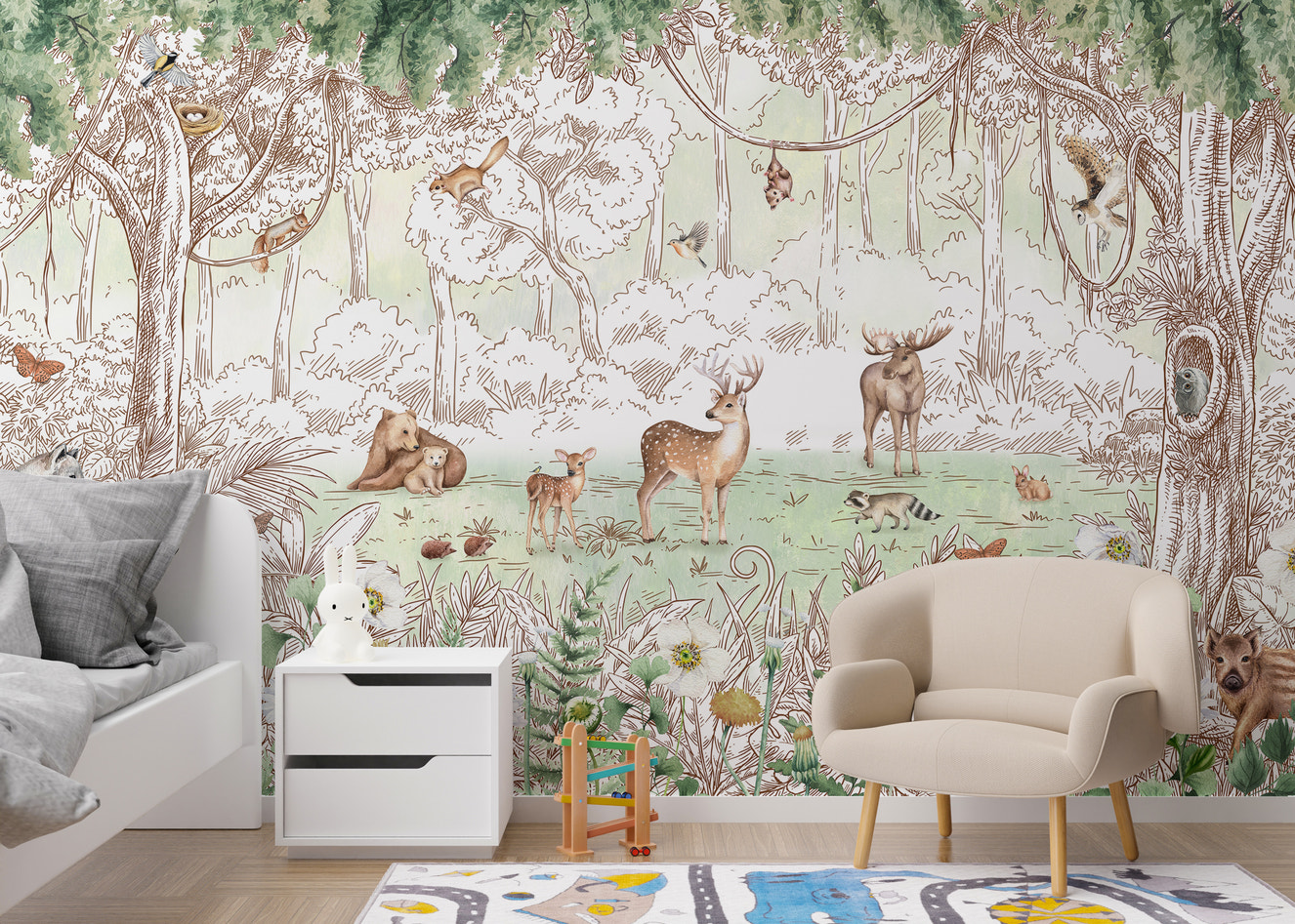 Spring wallpaper featuring forest friends in nature.
