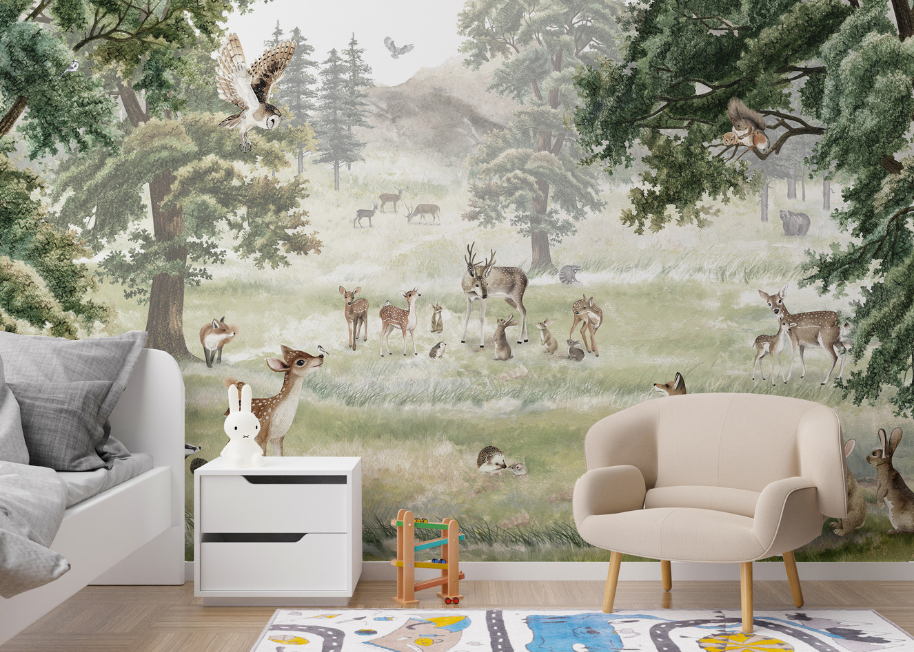 Forest fun mural with playful animals for kids' rooms.
