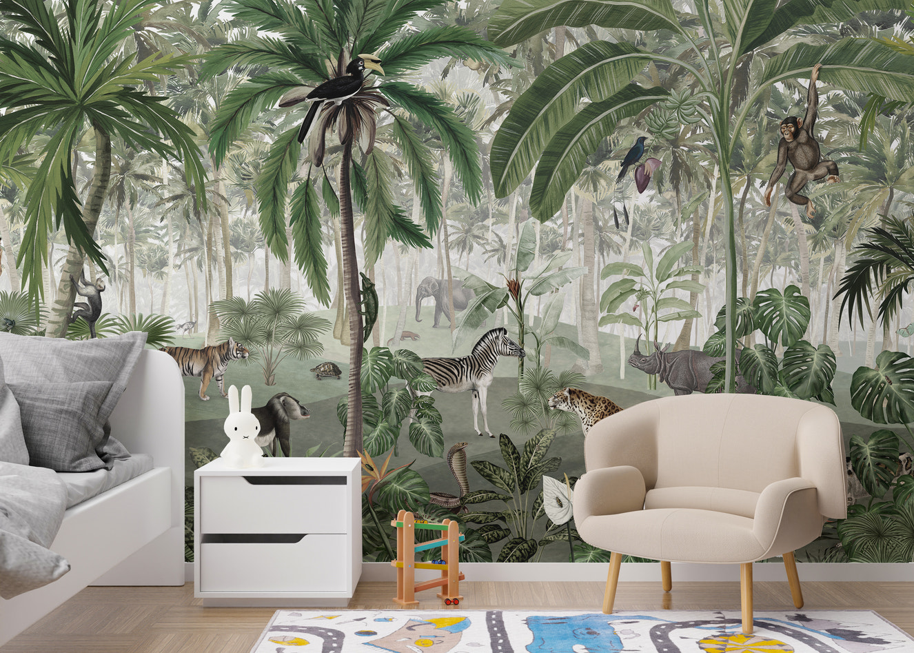 Kids' wallpaper with vibrant jungle scenes and wildlife.
