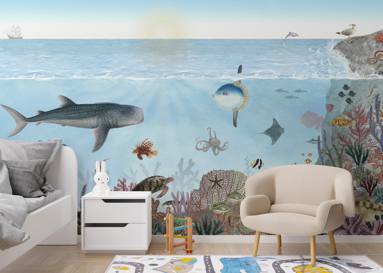 Ocean mural featuring a serene lookbook of sea views.
