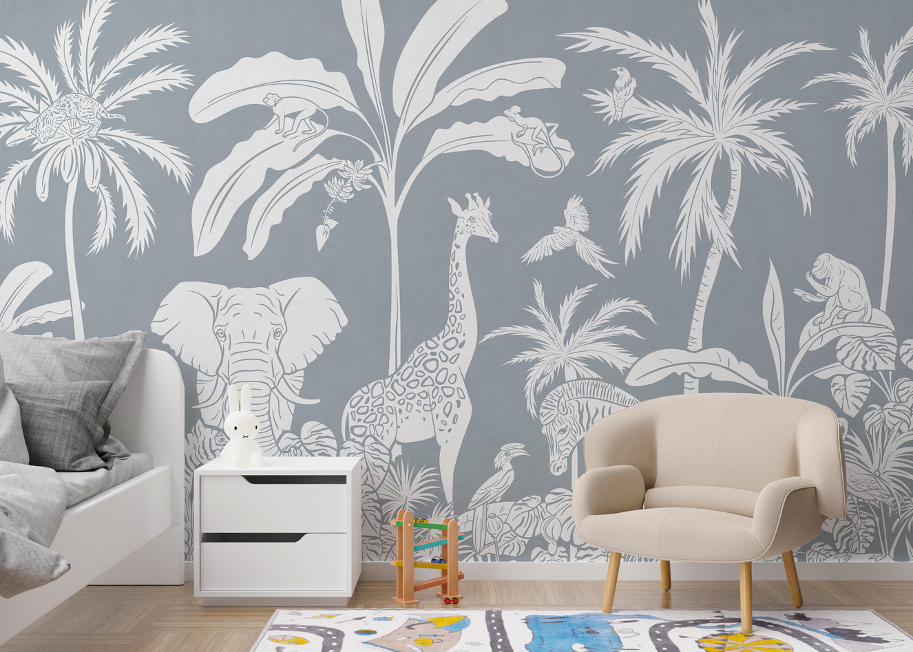 Elegant Monochrome Jungle Blue mural for stylish decor.
