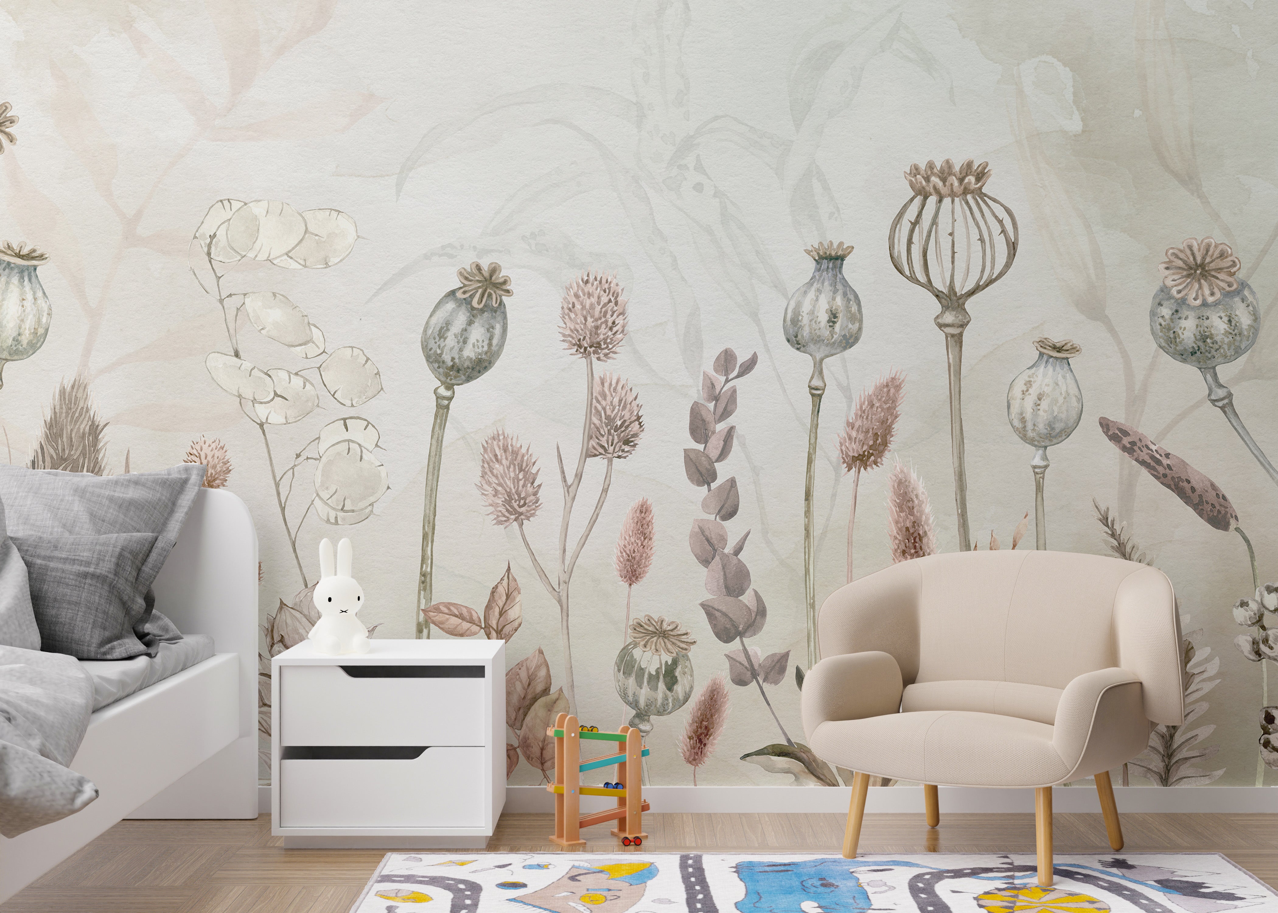 Elegant wall mural featuring watercolor autumnal blooms
