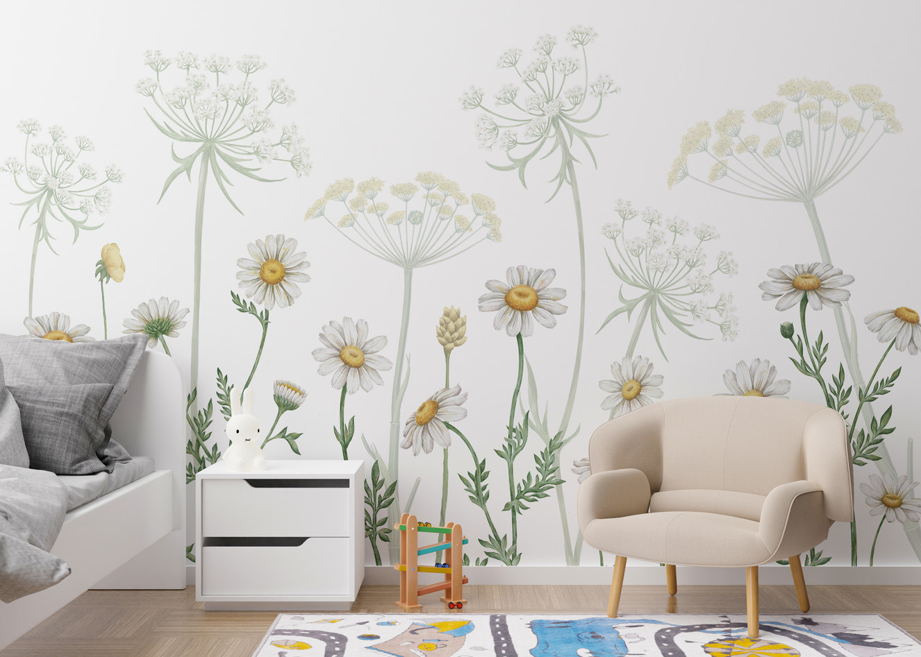 Bright daisies in a lively botanical mural design.
